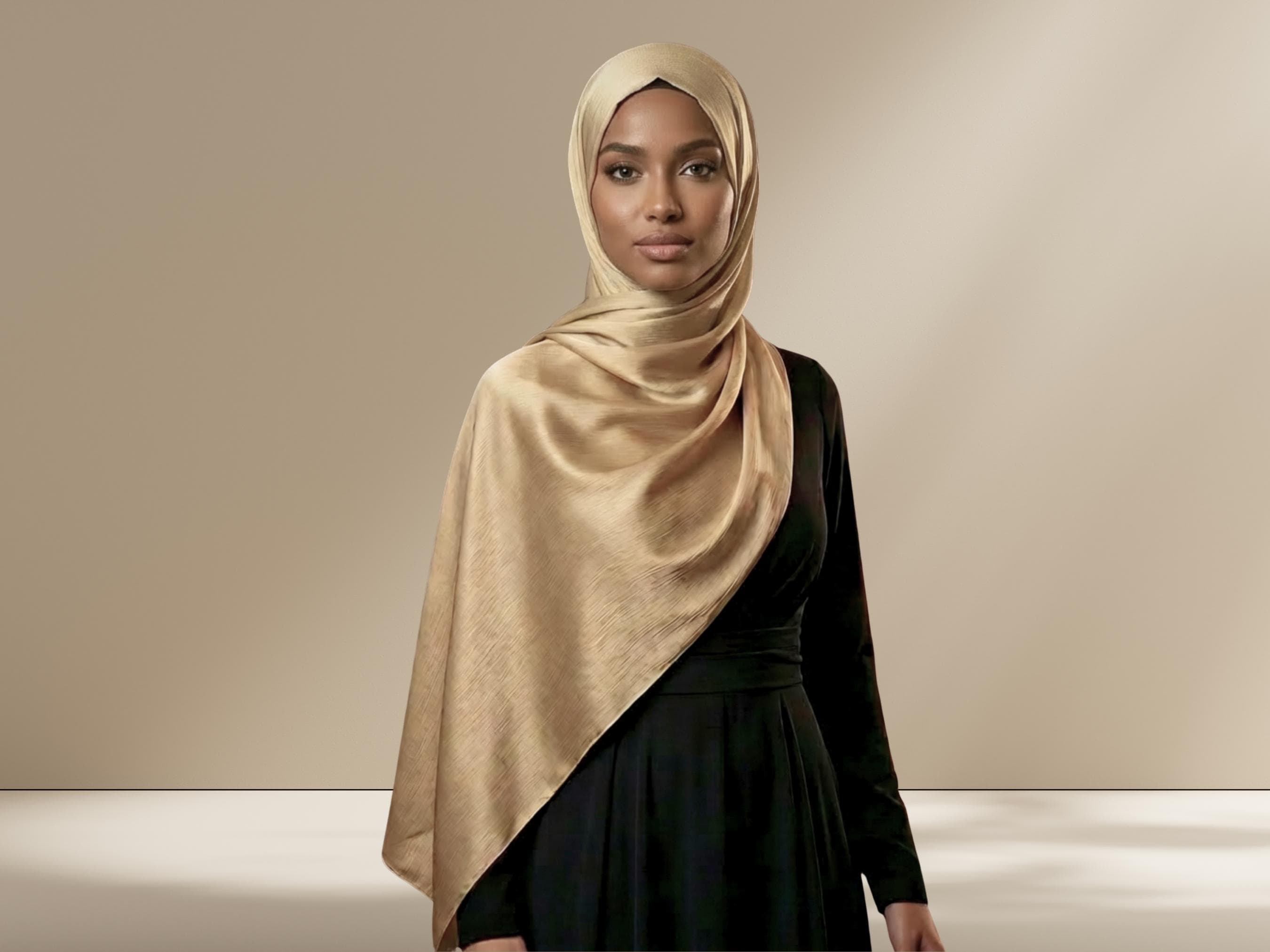 Golden Bronze Satin Crinkle Hijab, Party Evening Wear - image 3