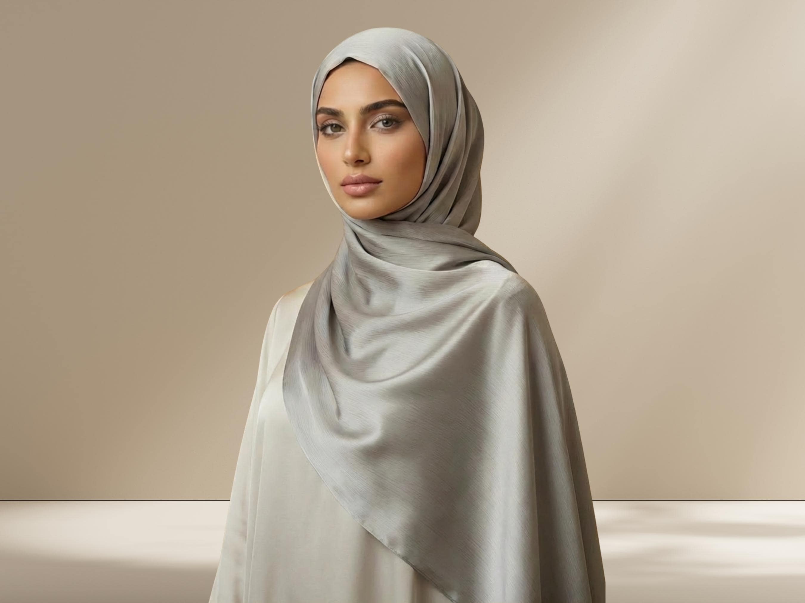 Silver Satin Crinkle Hijab, Party Evening Wear