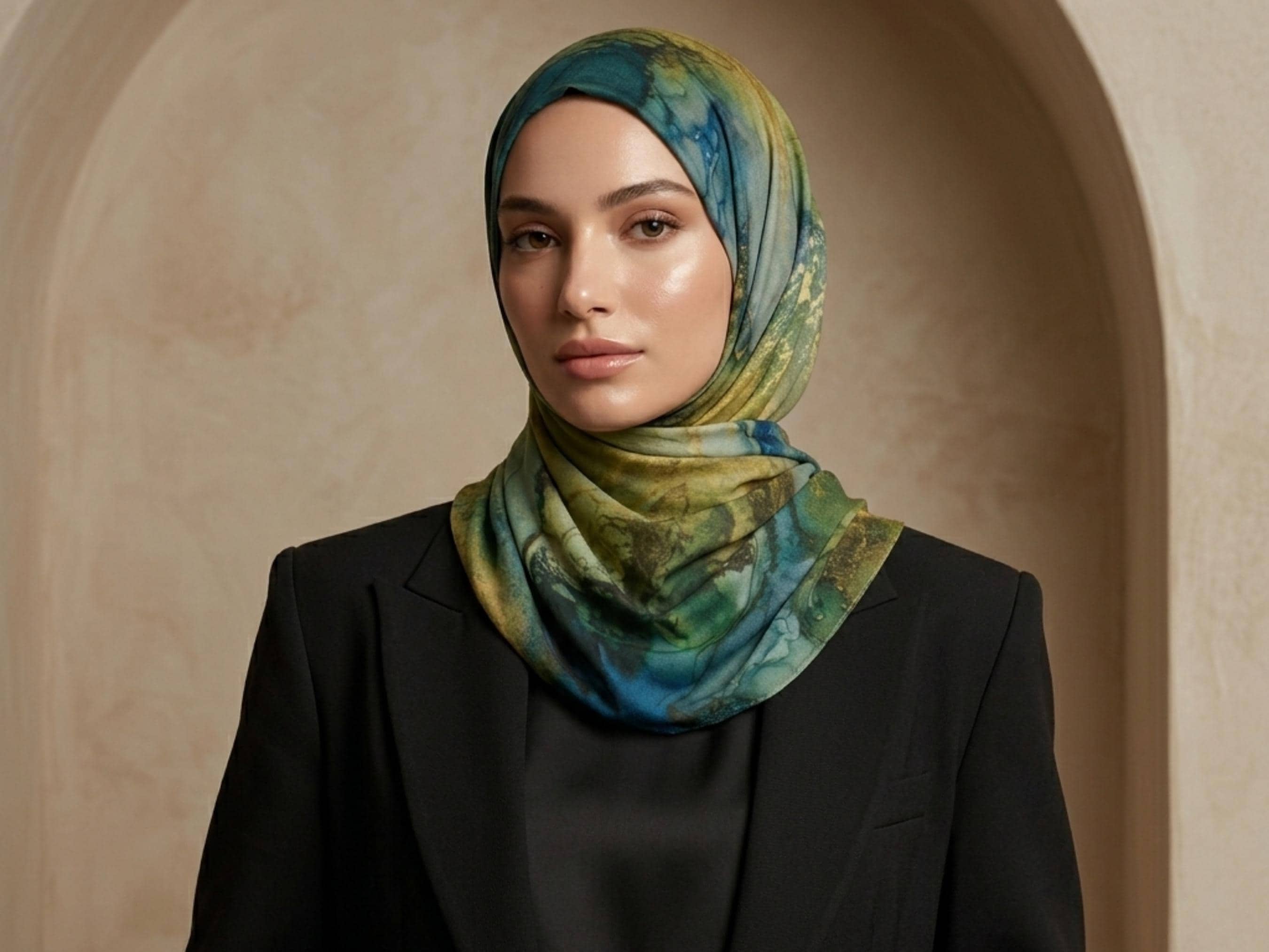 Watercolor Green Saphire Jewel Chiffon Hijab – Printed Headscarf for Work, Eid, Weddings & Formal Occasions