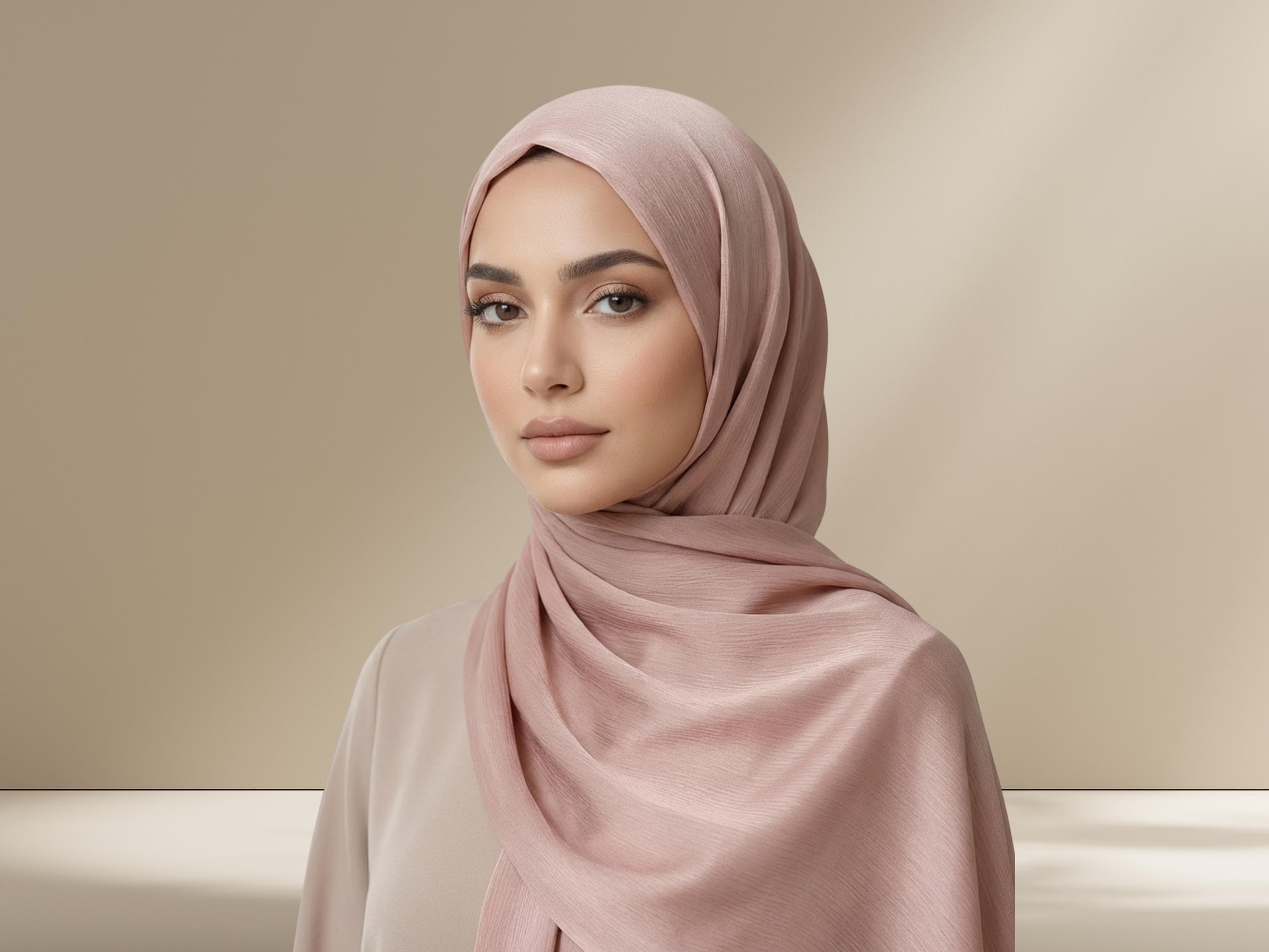 Light Rose Quartz Satin Crinkle Hijab, Party Wear - image 3