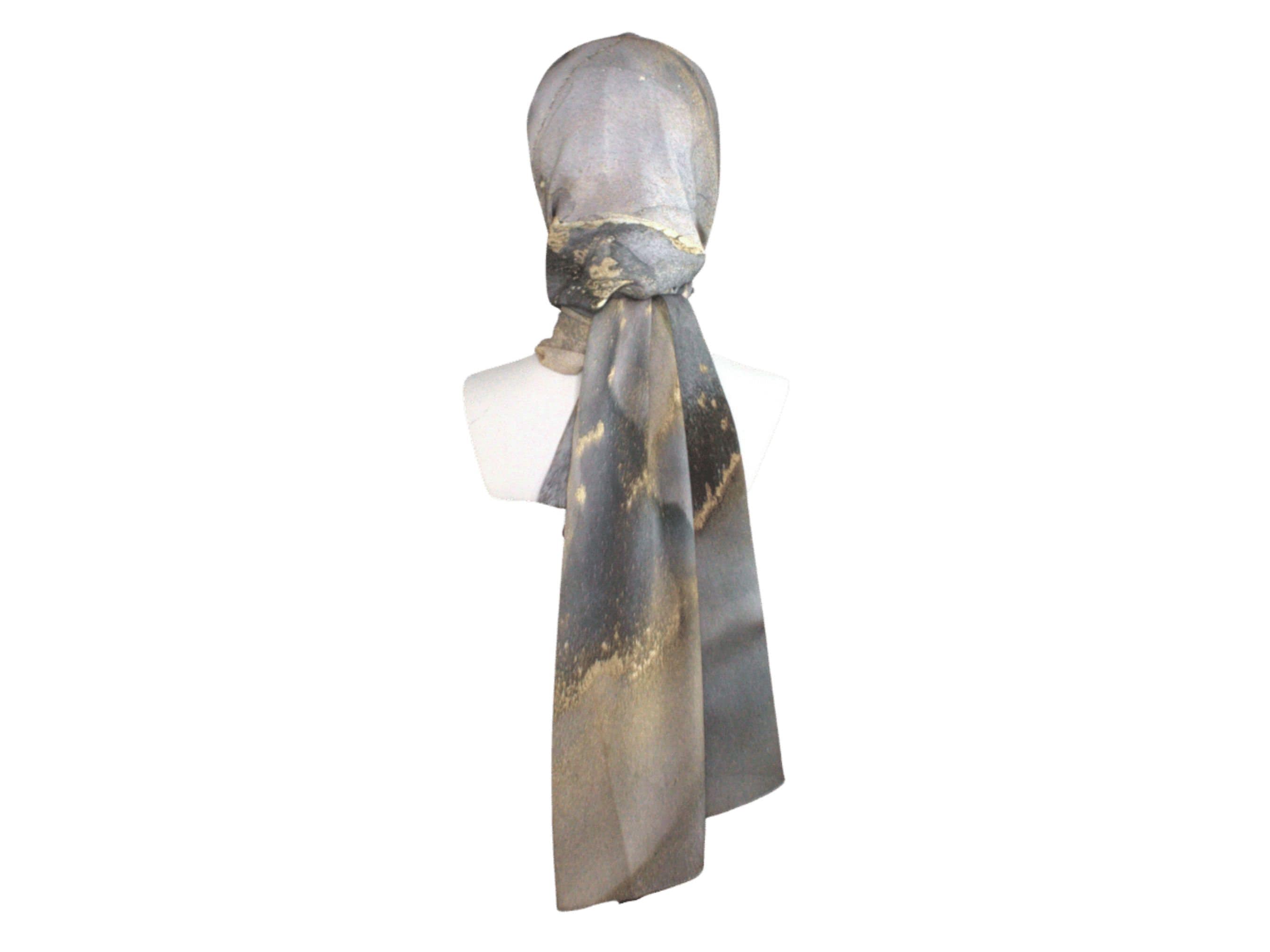 Exclusive Crepe Chiffon Hijab, Celestial Print, Grey Silver Gold Olive Undertones
