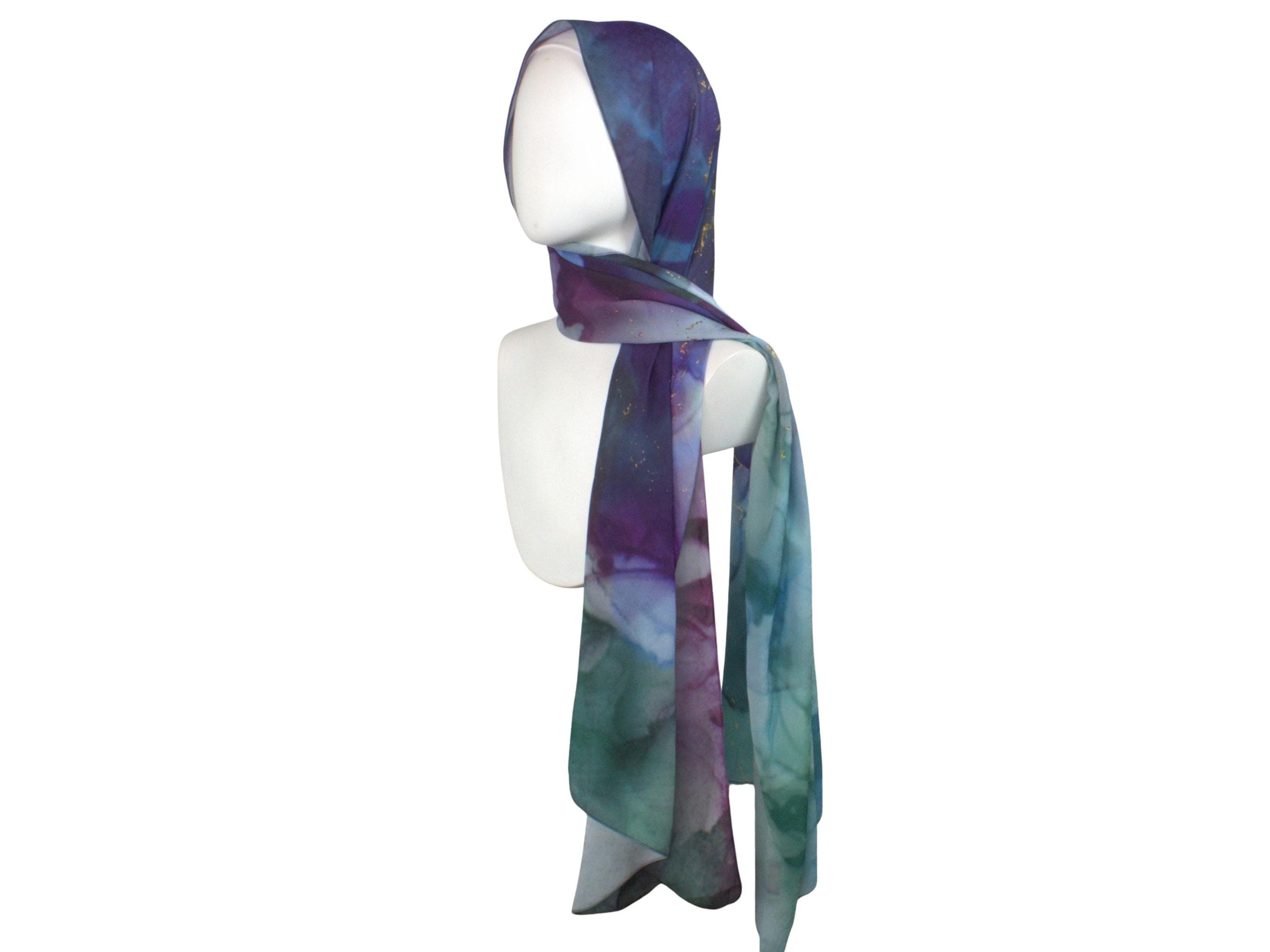 Printed chiffon hijab in jewel colors, lightweight and flowy for work or special occasions.