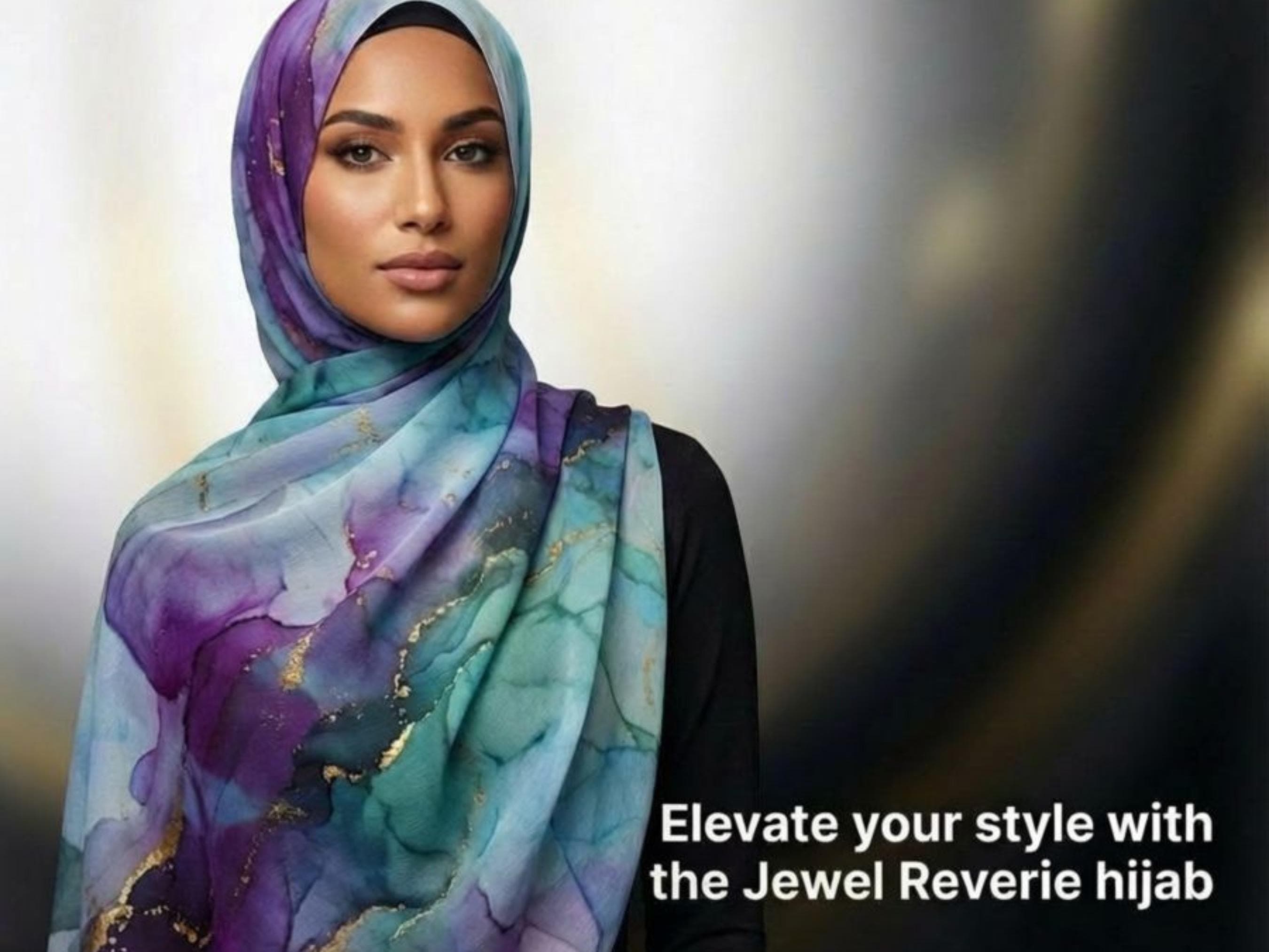 Watercolor Jewel Chiffon Hijab – Printed Headscarf for Work, Eid, Weddings & Formal Occasions