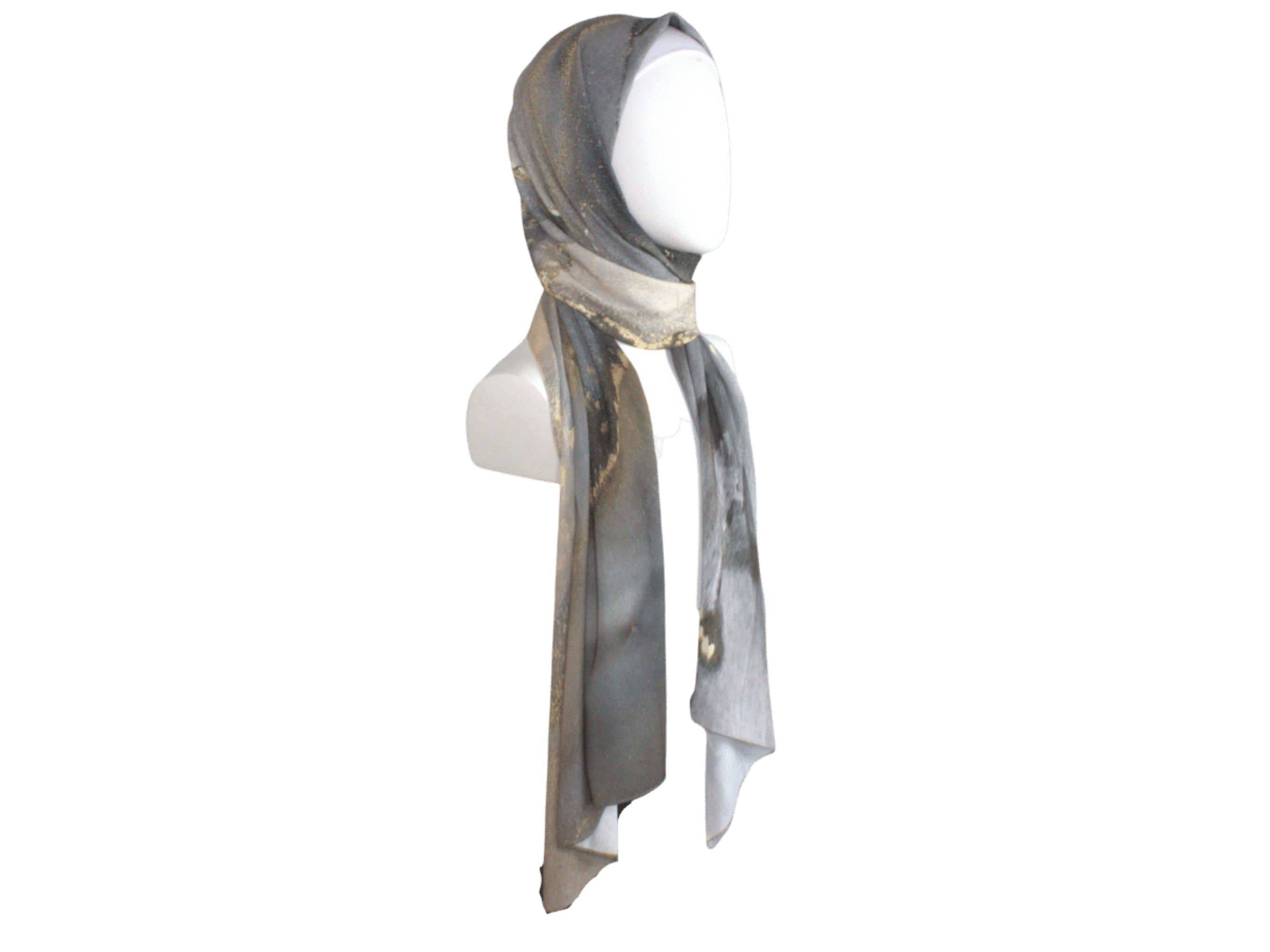 Exclusive Crepe Chiffon Hijab, Celestial Print, Grey Silver Gold Olive Undertones - image 4
