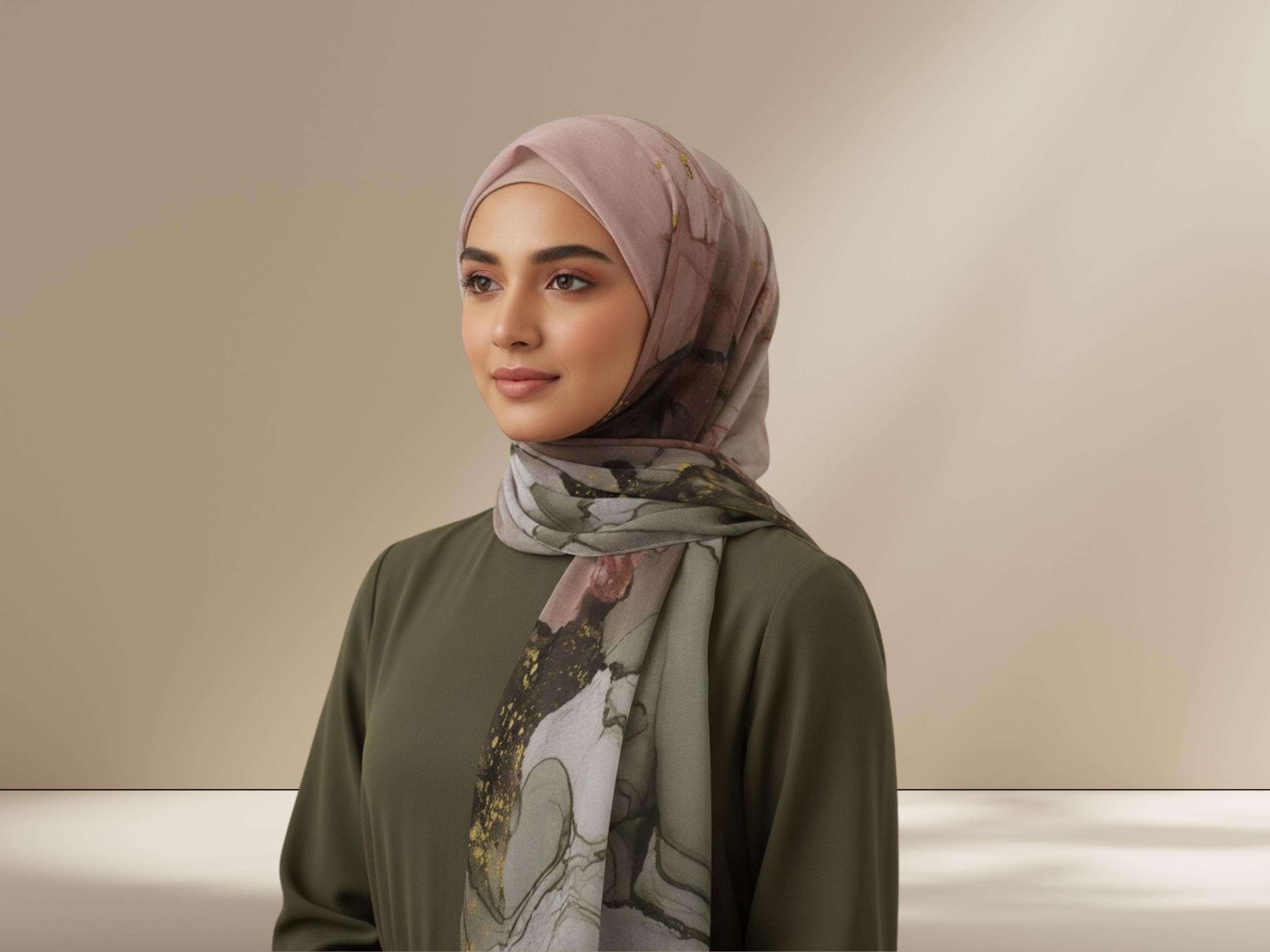 Green Rose Bronze Printed Chiffon Hijab, Soft Lightweight Scarf