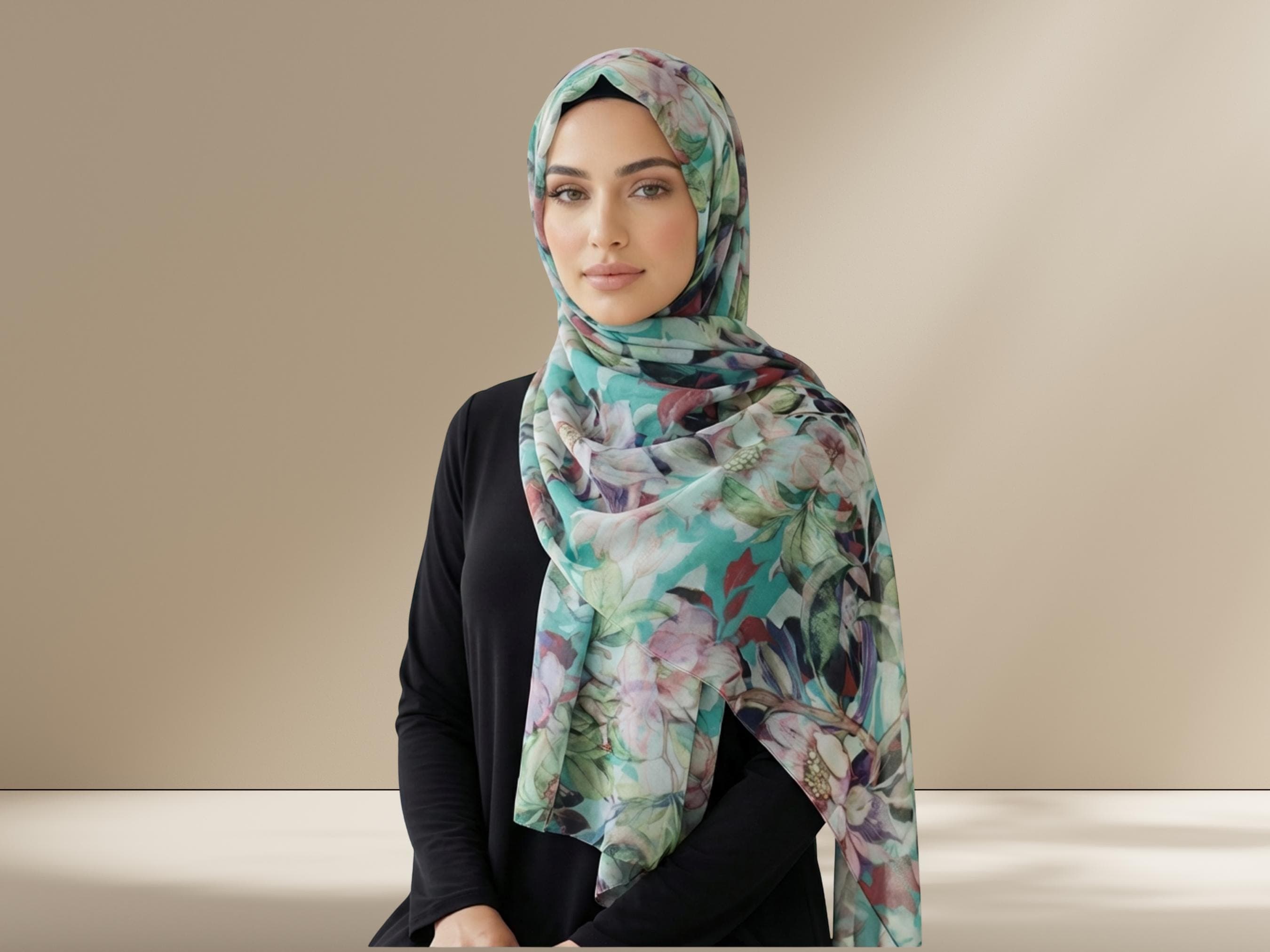 Floral Chiffon Hijab: Luxury Green Mauve Islamic Scarf