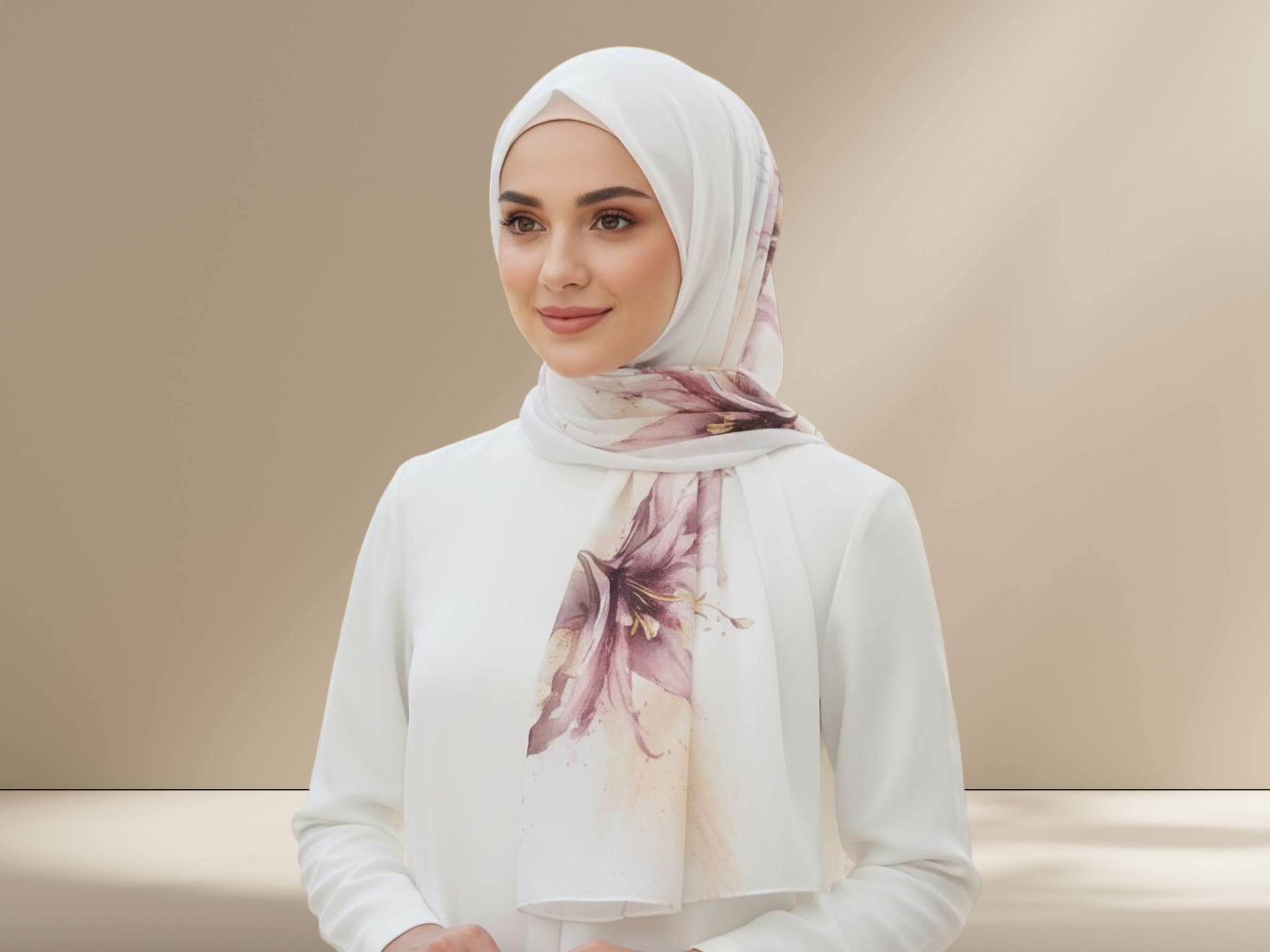 Floral Chiffon Hijab Scarf, Double Bordered, Islamic Gift