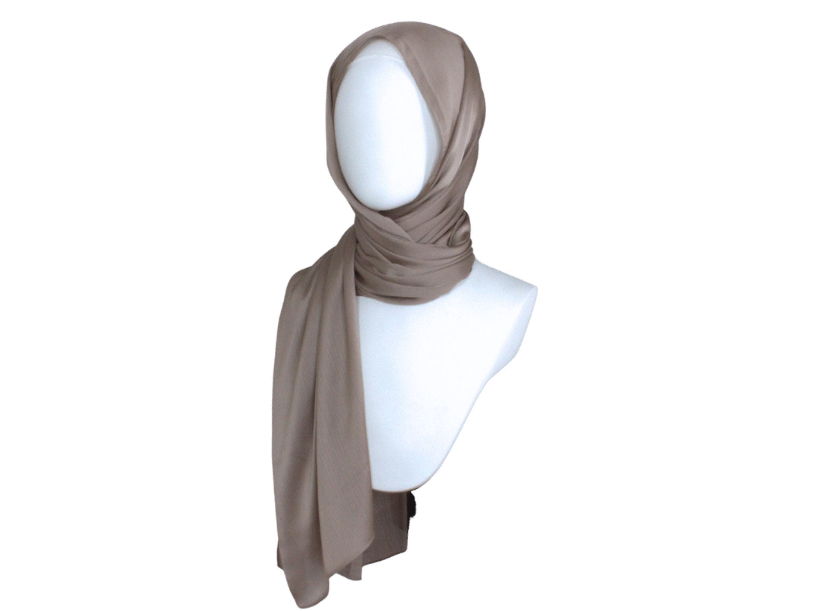 Taupe satin crinkle hijab for formal occasions | Lina Zibdeh