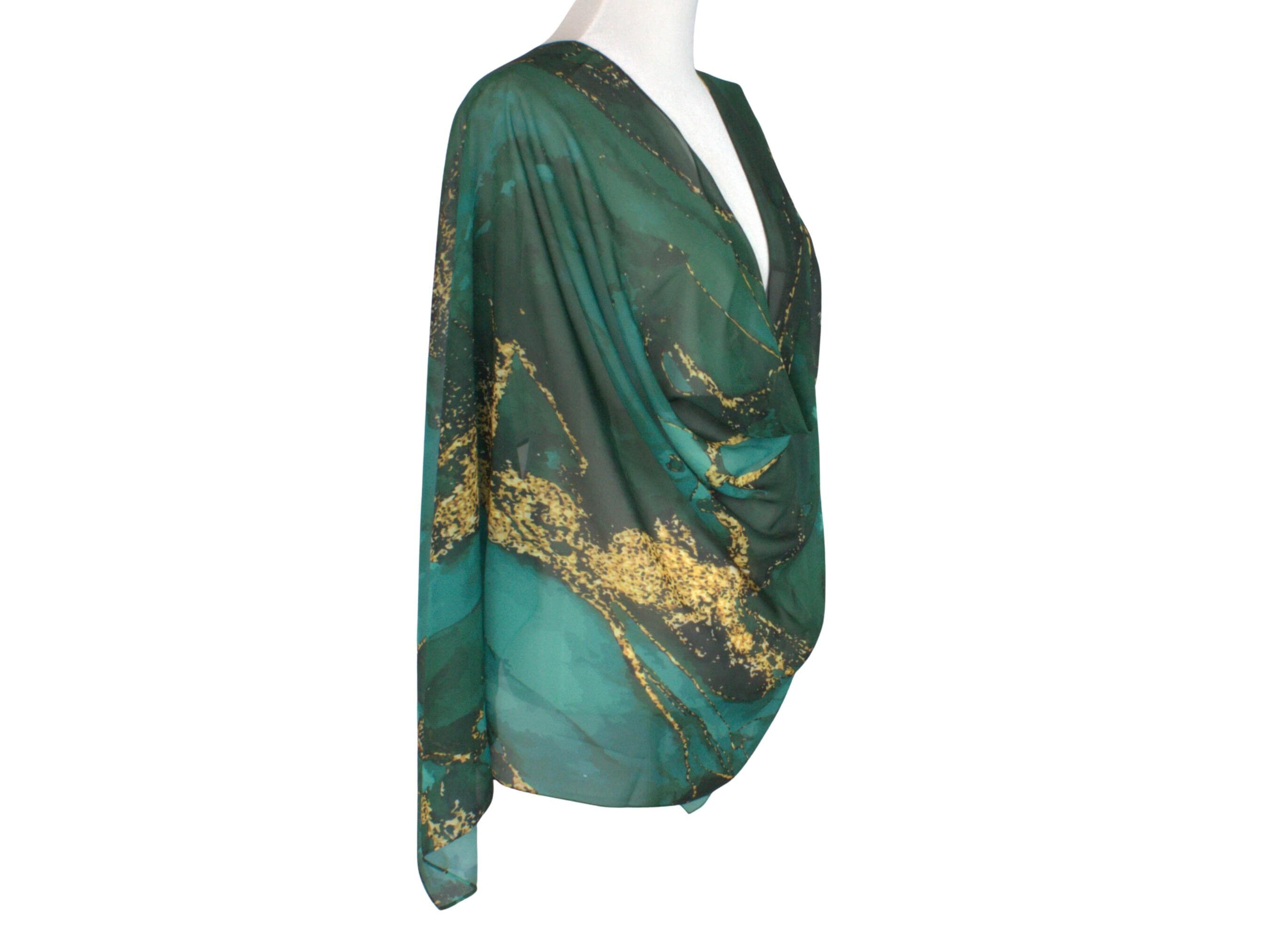 Emerald Green Golden Bronze Printed Chiffon Hijab, Soft Lightweight Scarf - image 3
