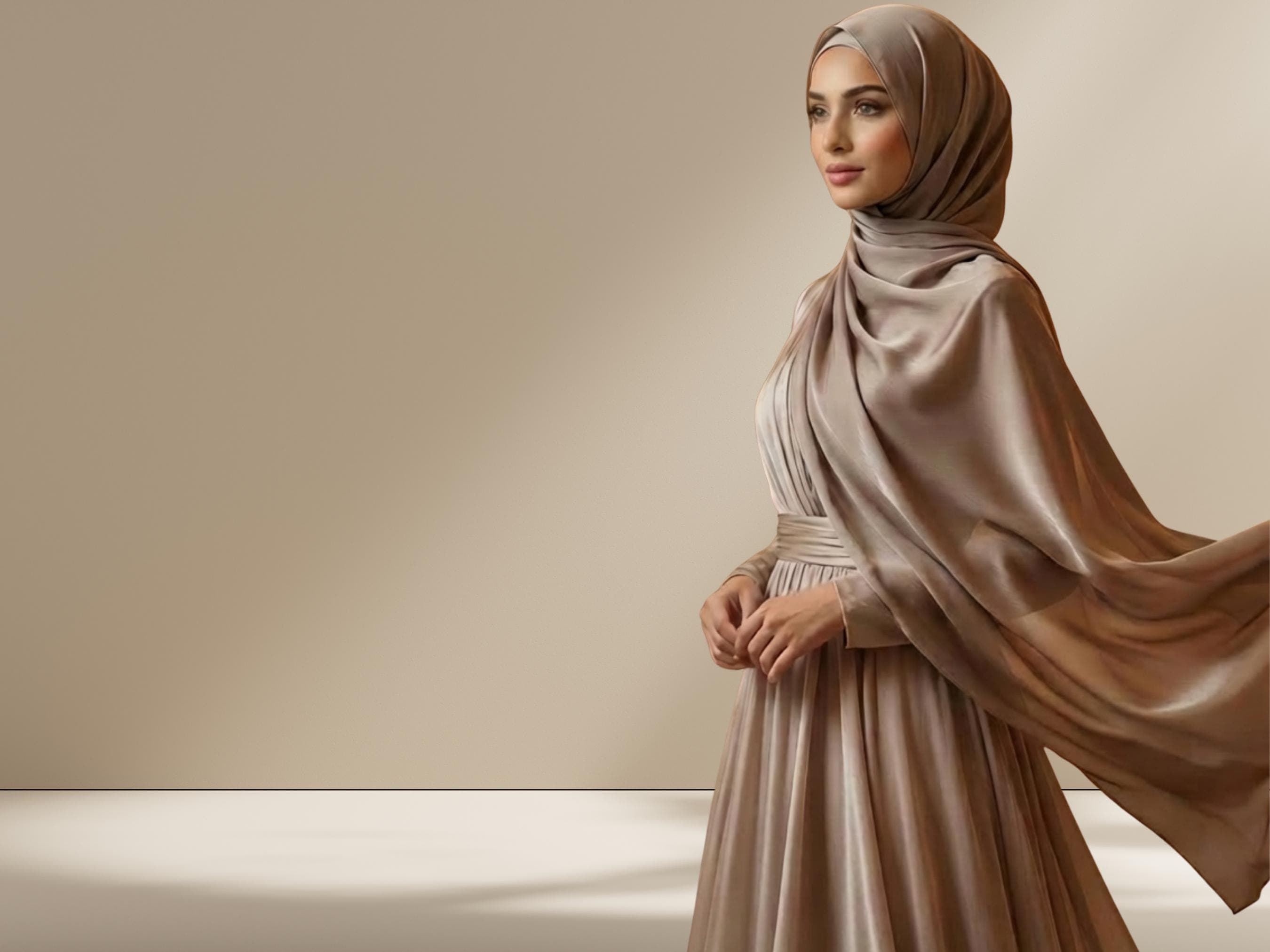 Taupe Mink Crinkle Satin Hijab, Formal Occasion Hijab