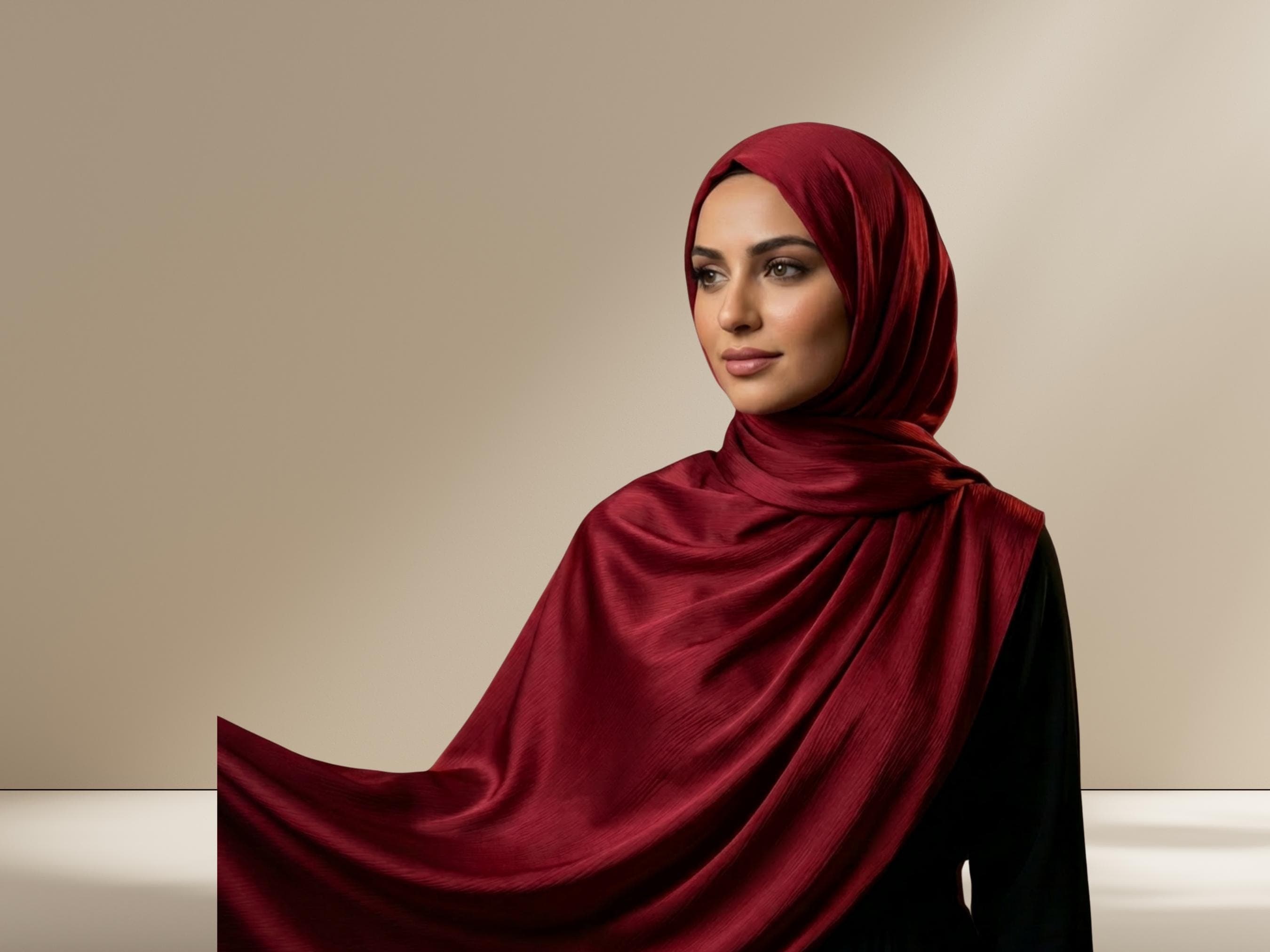 Red Satin Crinkle Hijab, Luxe Formal Occasion Head Scarf
