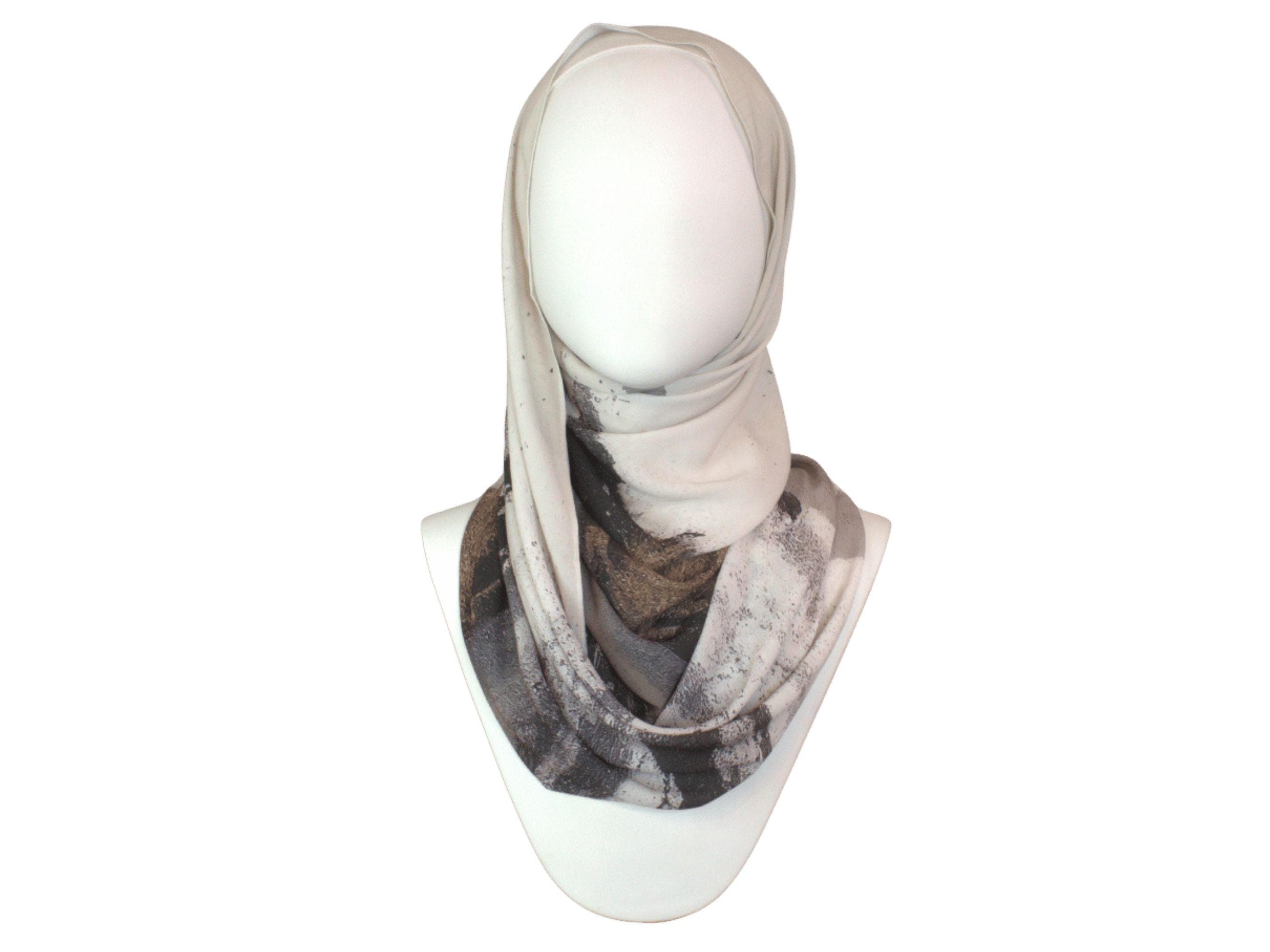 Designer Printed Neutral Hijab for work and everyday. All Neutrals in printed chiffon hijab scarf | Lina Zibdeh