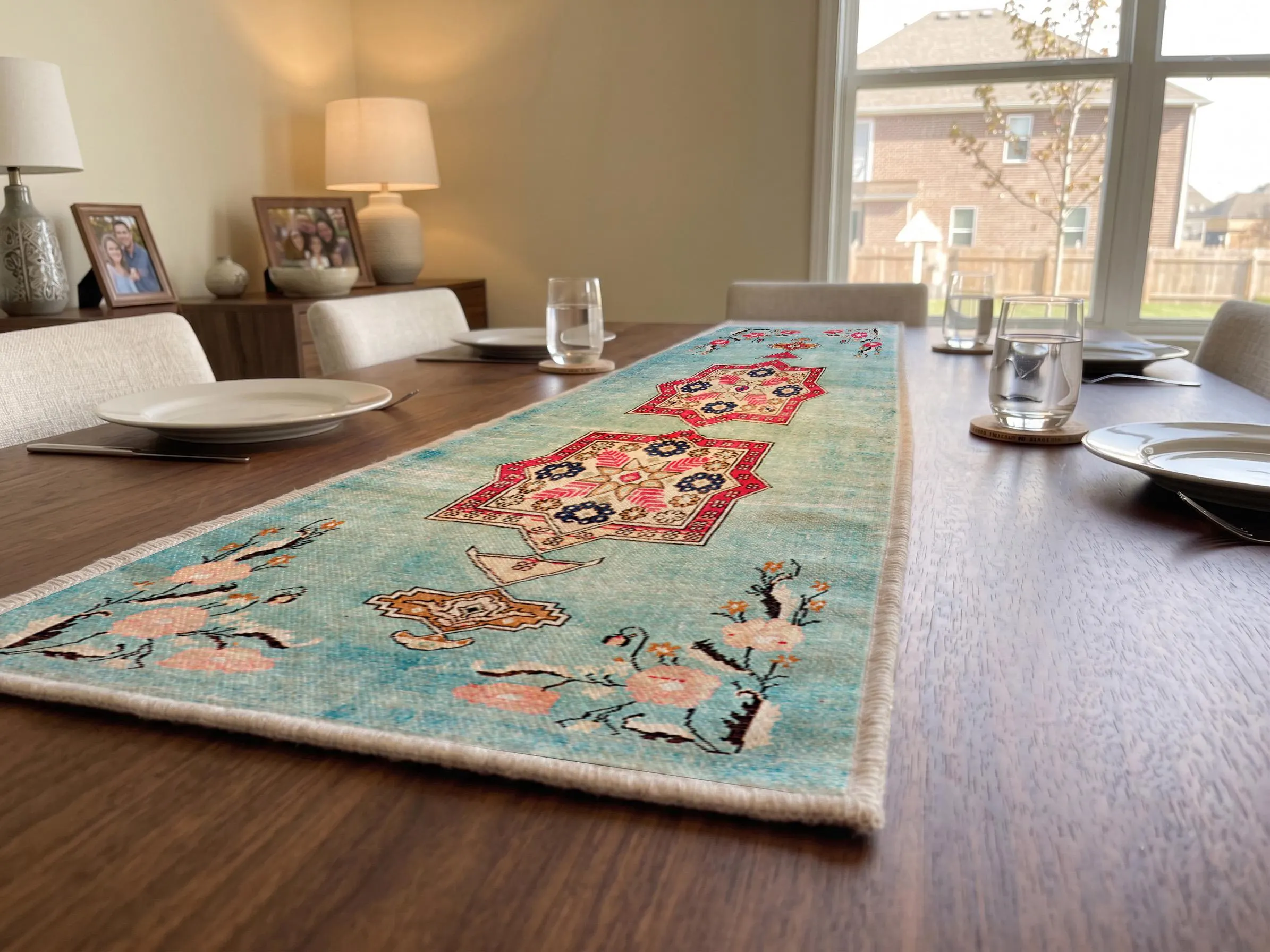 a dining table with a long, colorful table runner placed on it. The table is set with plates, glasses, and a vase, creating a welcoming atmosphere for a meal.
