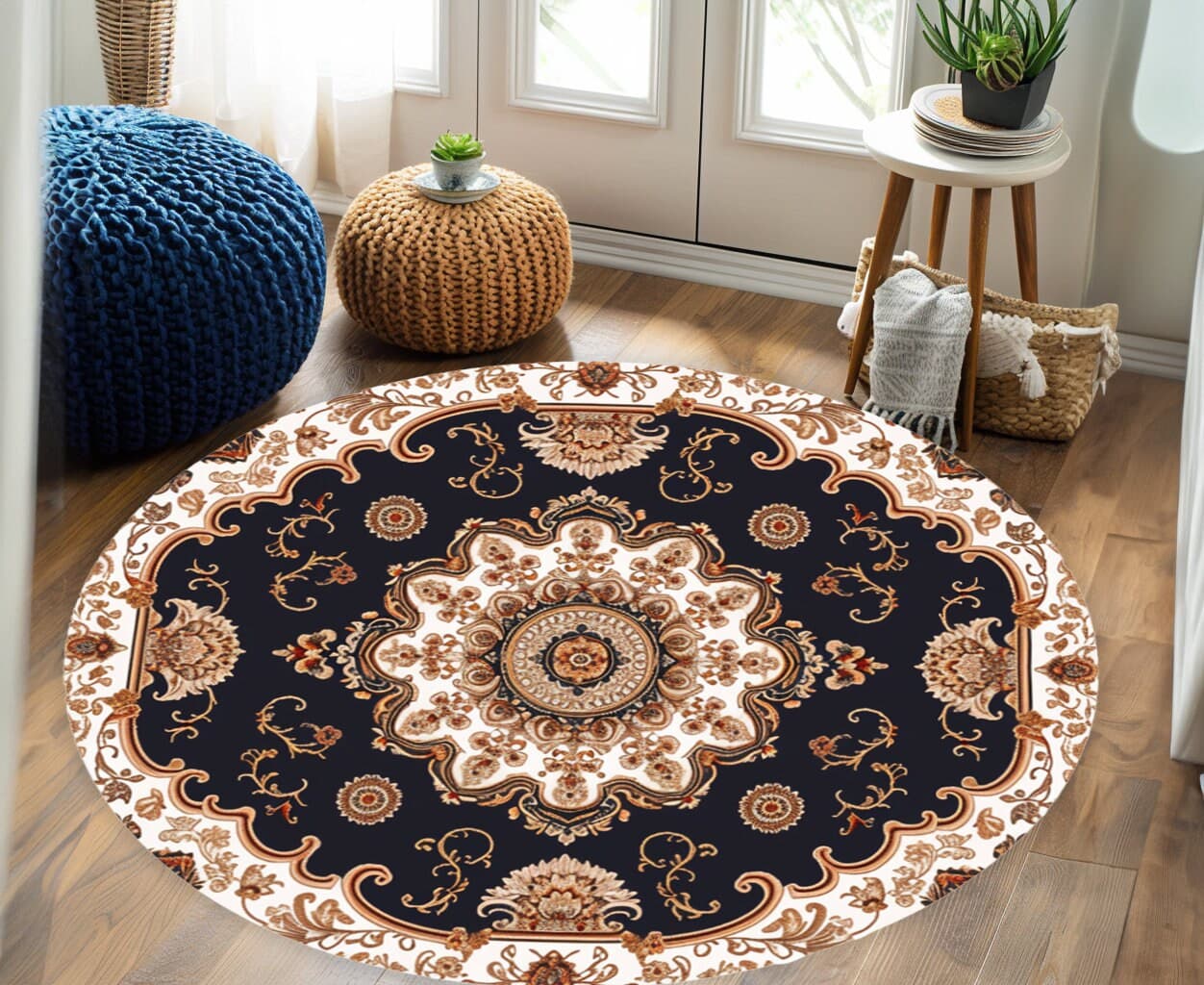 Medallion area rug, Accent round rug, Nonslip circle teppich, Boho decor rug, Under table rug, Farmhouse round rug, Entryway showy rug - image 3