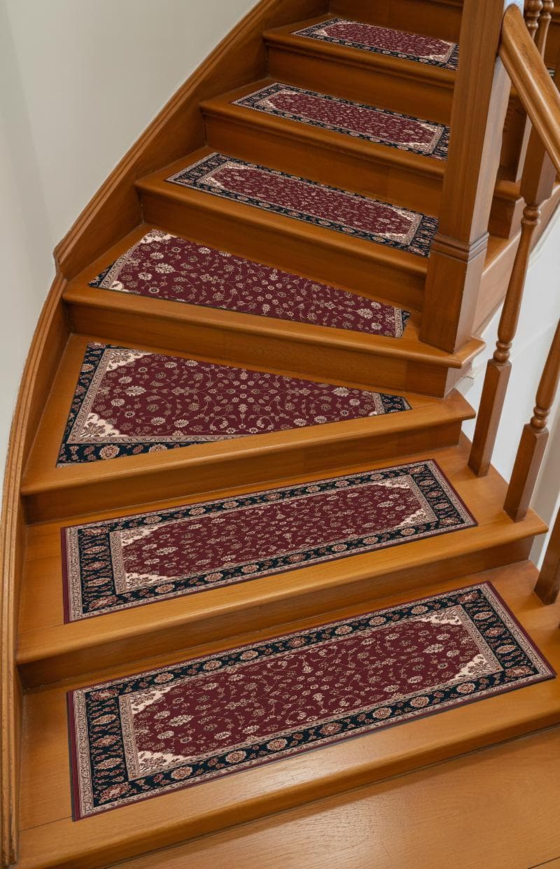 Stair treads pad rug with ultra soft step mat, decorative runner carpet, and stair rug mat featuring floral pattern. Non slip hallway rug and boho design rug provide comfort, safety, and aesthetic appeal to staircases and hallways, adding style and functionality to modern and eclectic interiors.