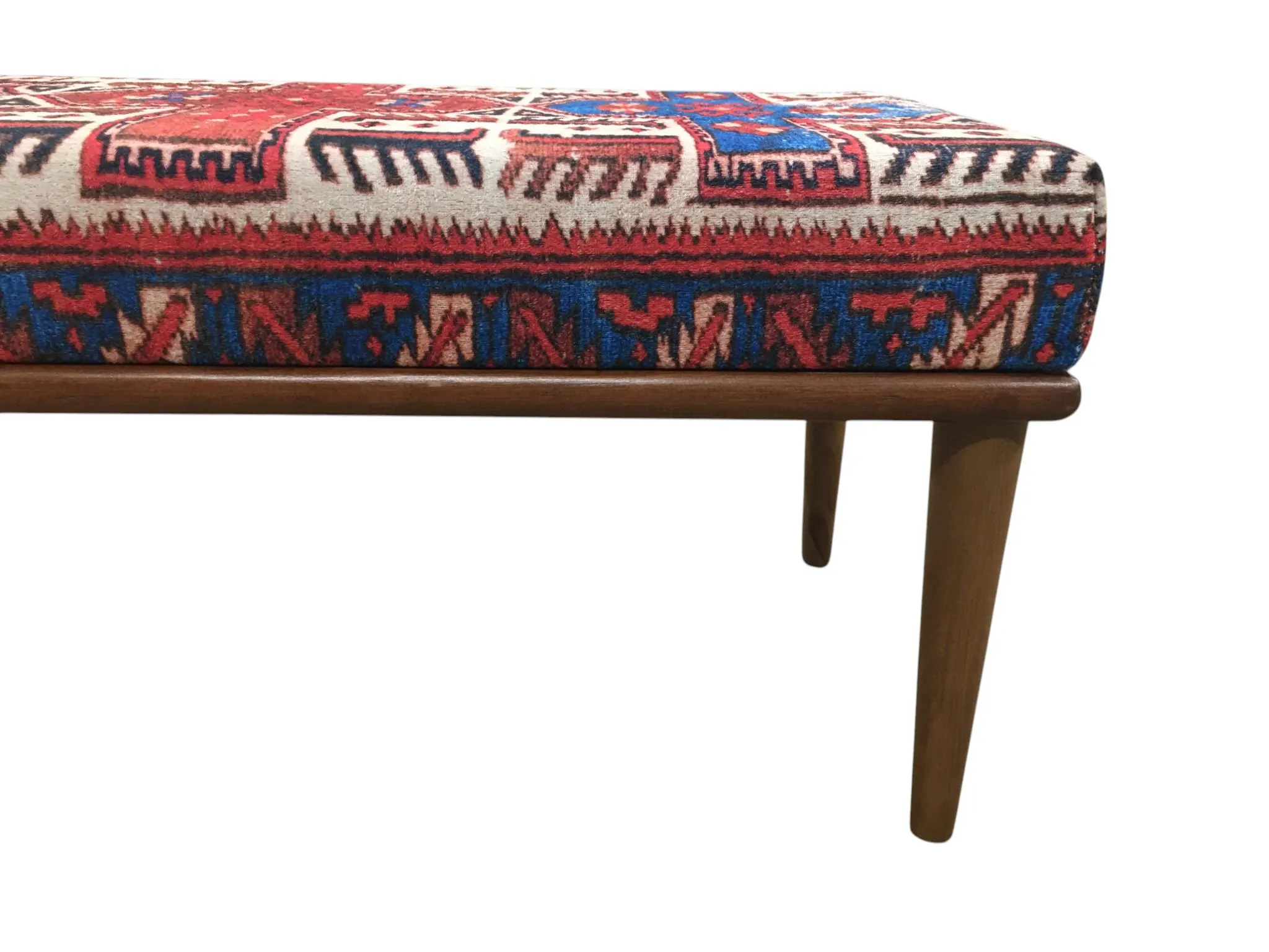 Red Blue Kilim Bench | Caucasian Upholstered Entryway Seat | Boho Mudroom Decor