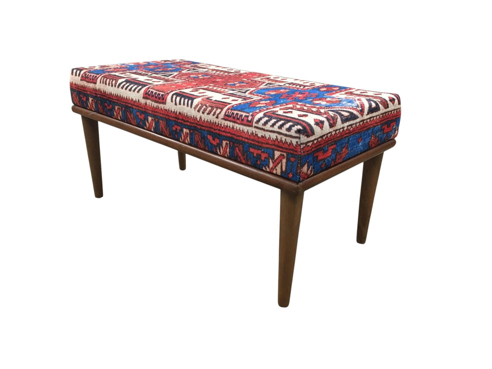 Red Blue Kilim Bench | Caucasian Upholstered Entryway Seat | Boho Mudroom Decor