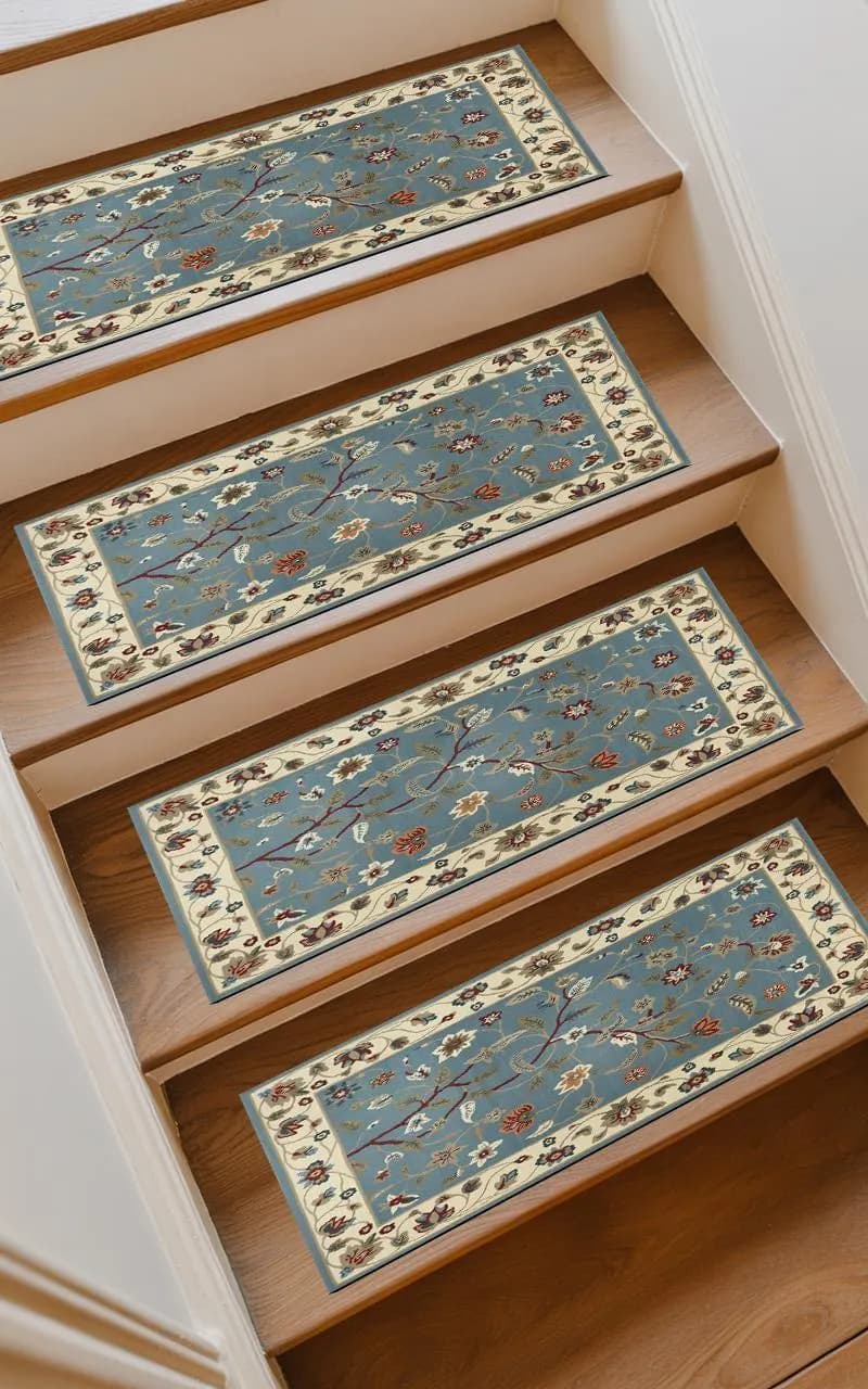 Cream Border Botanical Print Stair Mat | Easy Clean Surface | Rustic Farmhouse Carpet Runner