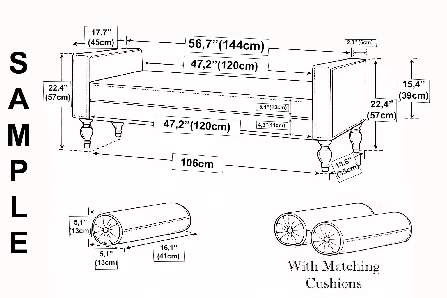 The image is a detailed technical drawing or diagram of a couch or sofa, including measurements and dimensions. It appears to be a technical drawing or diagram, rather than a photograph or illustration. The drawing provides specific measurements and dimensions for the couch, including the seat, backrest, legs, and the matching cushions. The drawing also includes a caption that reads "With Matching Cushions".