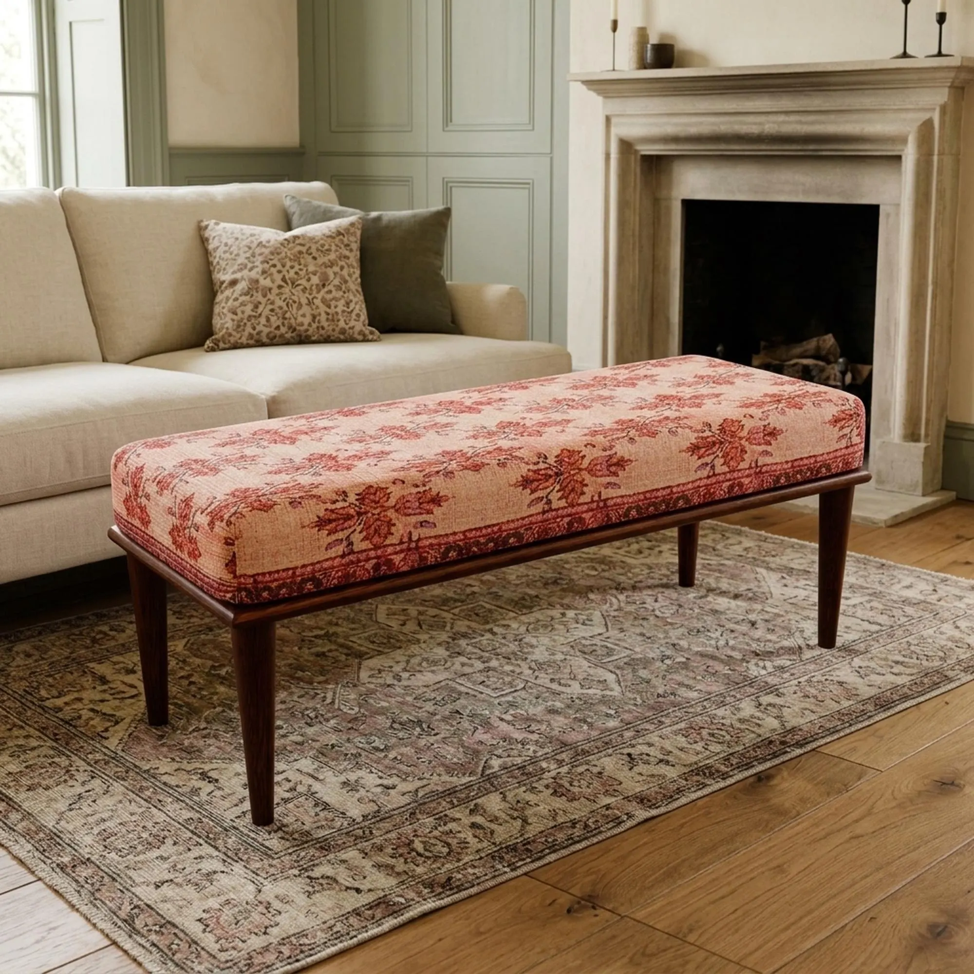 Dusty Red Floral Bench | Living Room Seating | Botanical Accent Ottoman