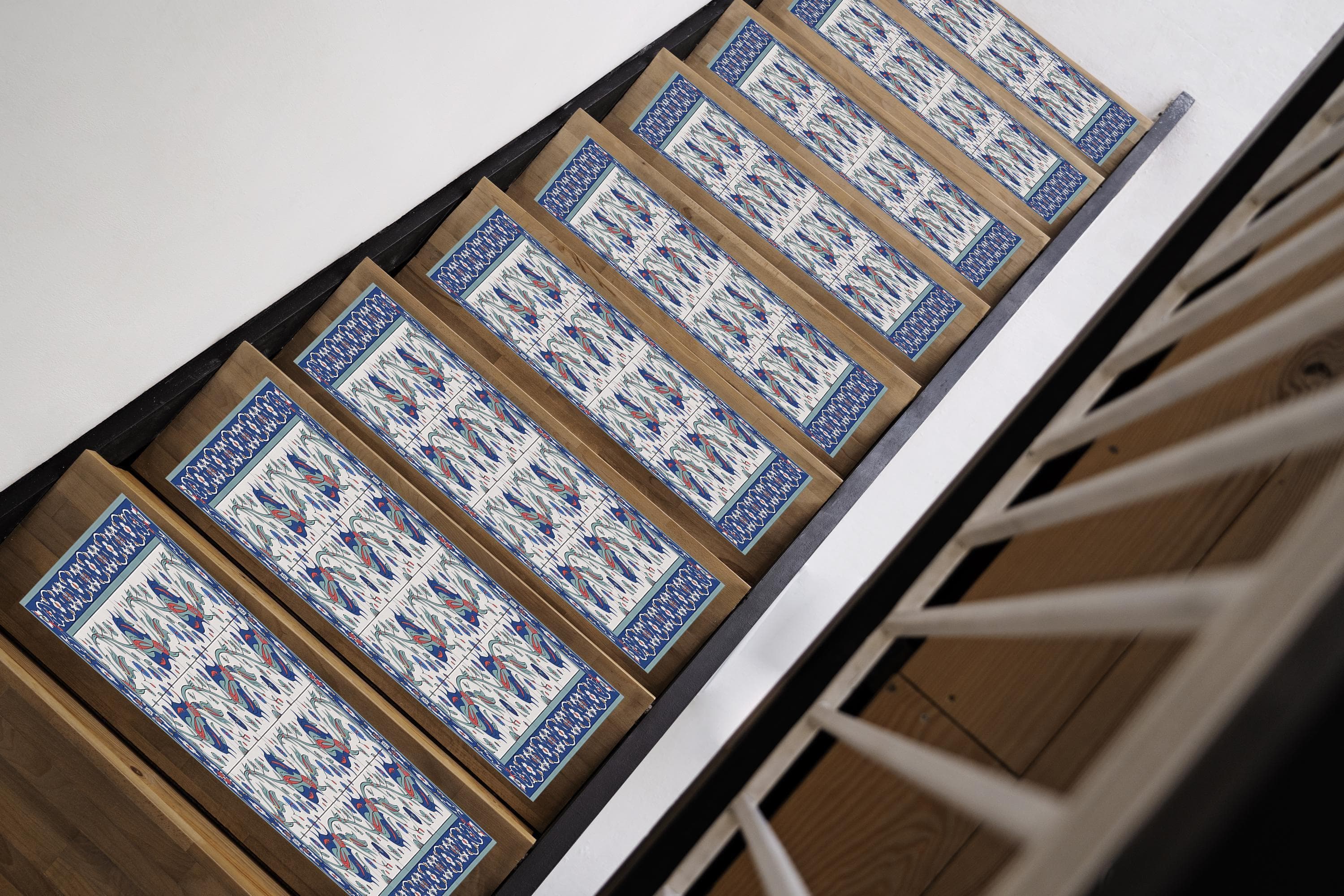 Coastal stair runner with ocean blue steps. Beach inspired landing carpet brings relaxed charm to hallway floor covers.