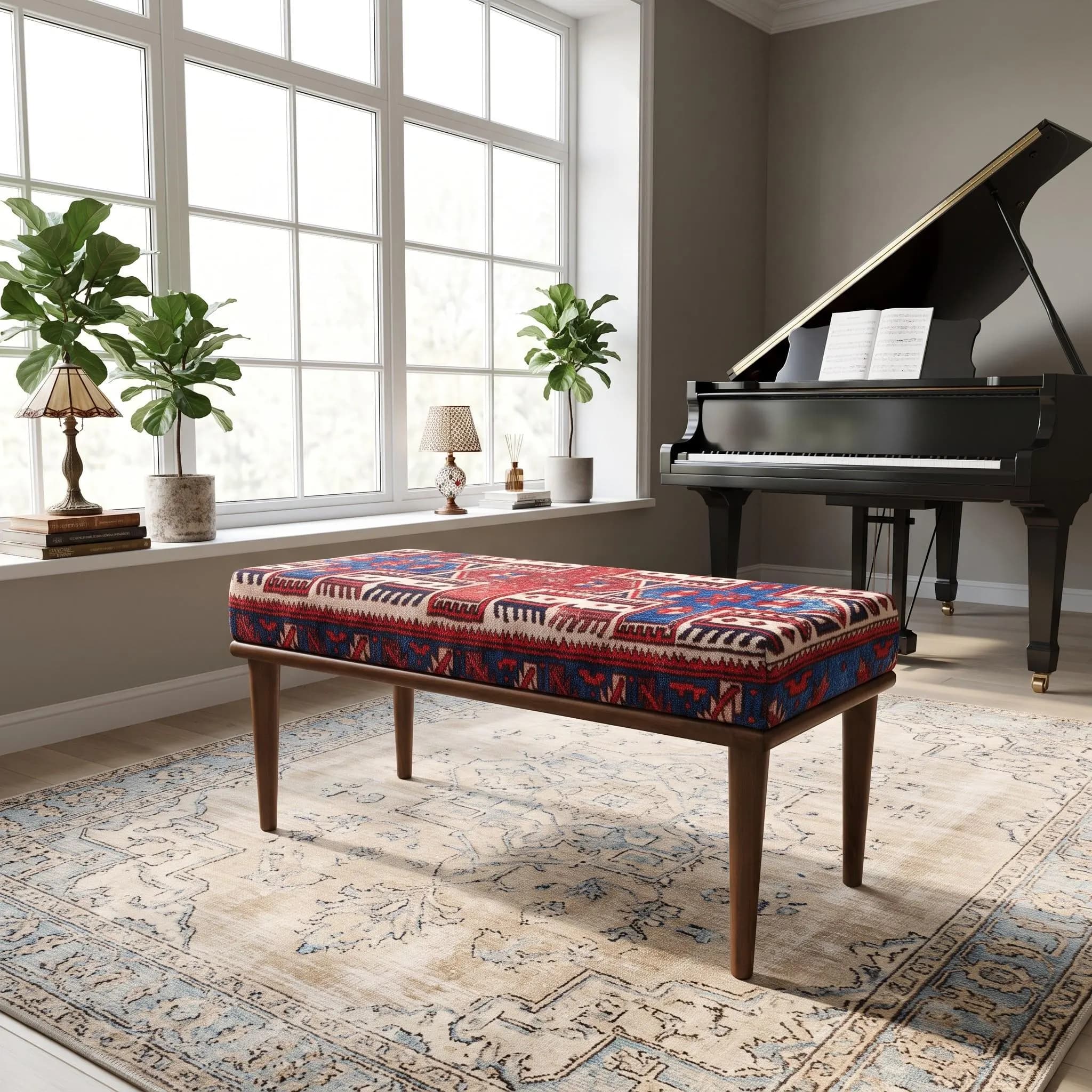 Red Blue Kilim Bench | Caucasian Upholstered Entryway Seat | Boho Mudroom Decor