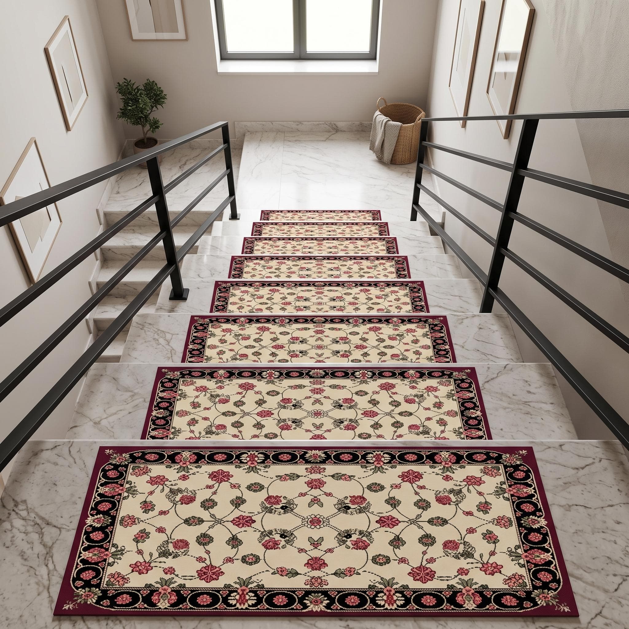 Cream Dark Border Carpet Mat | Easy Clean Indoor | Victorian Style Stair Runner