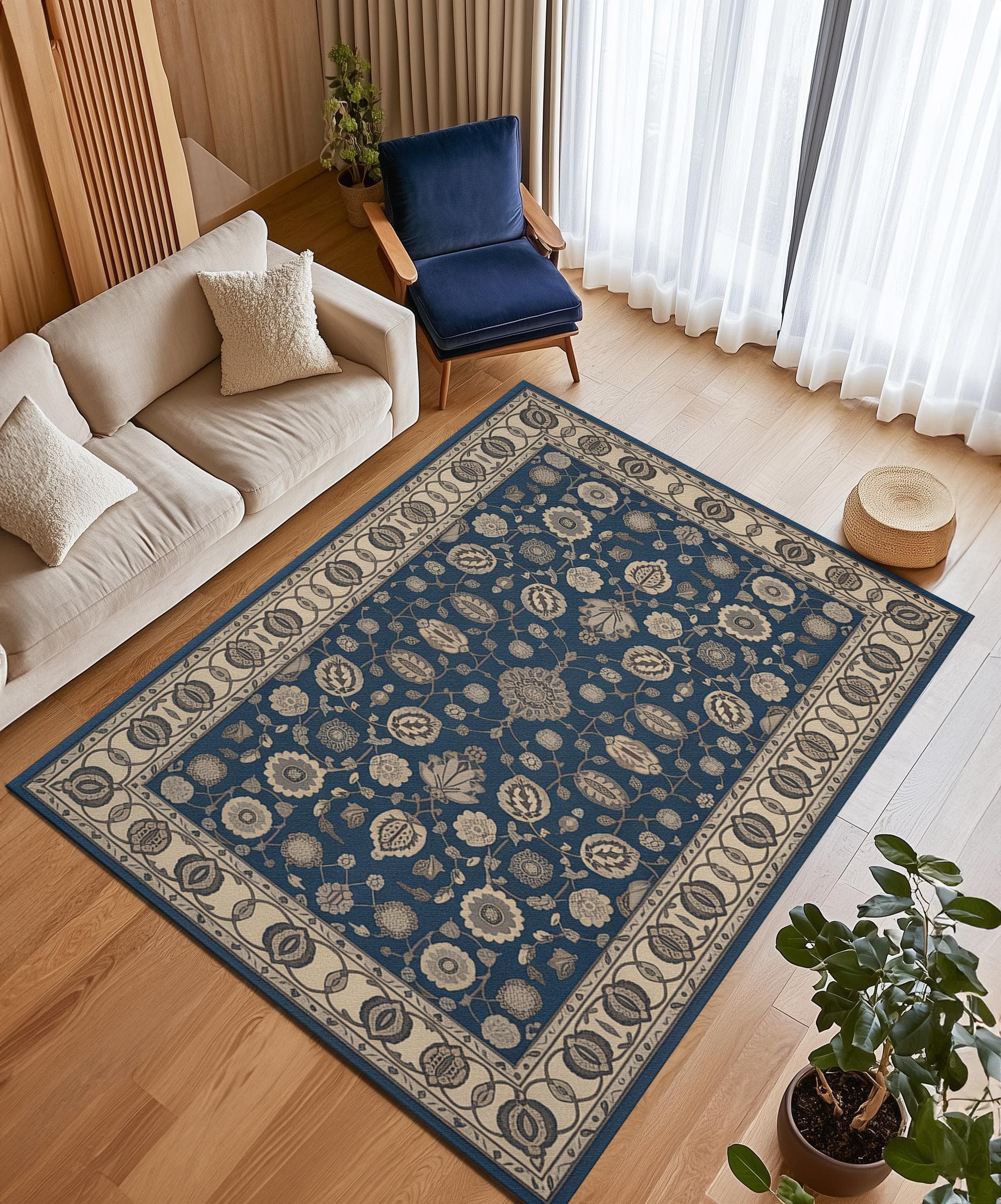Blue Elegant Boho Style Rug, Washable Decorative Area Rug, Traditional Accent Rug, Cozy Living Room and Garden Rug, Unique Gift Carpet