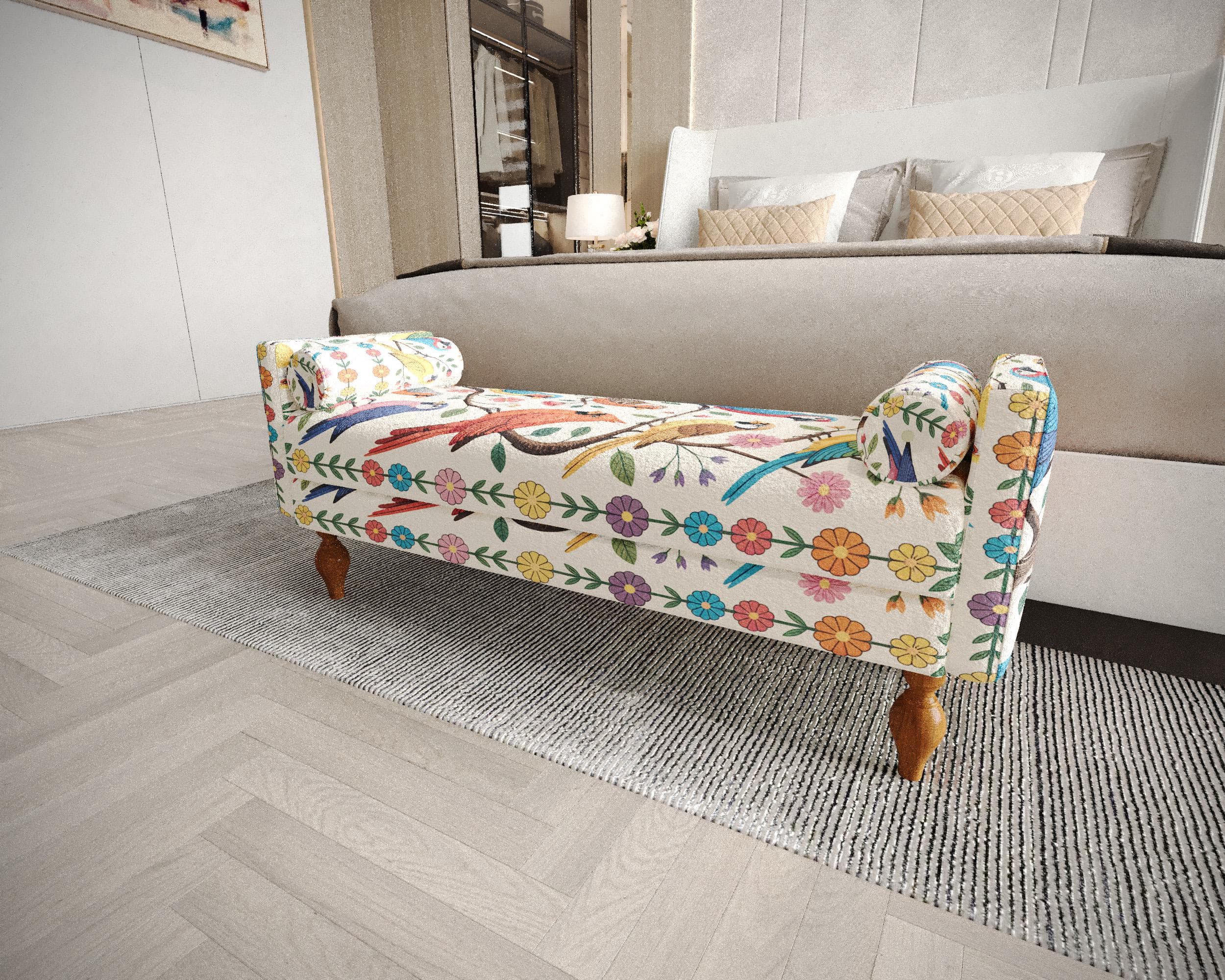 White Tropical Bird Bench | Master Bedroom Rest Sofa | Folk Art Small Daybed