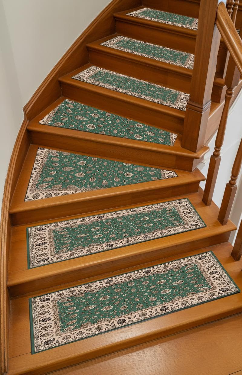 Decorative stair print rug with ethnic step layer design. Artistic tread carpet serves as vibrant stair runner and heritage inspired floor cover, perfect for steps.
