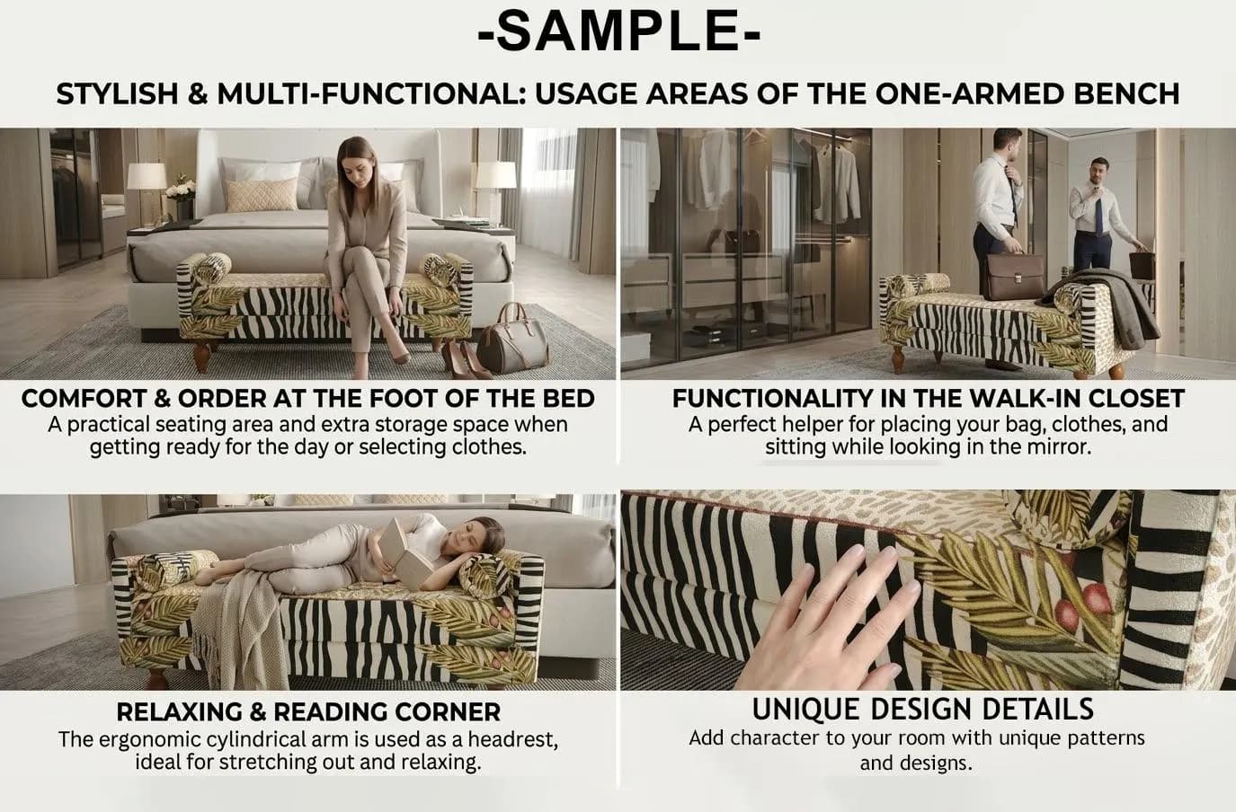 The image is a collage of four photos showcasing the stylish and multi-functional usage areas of a one-armed bench. The first photo shows the bench as a practical seating area and extra storage space, the second photo depicts the bench as a functional headrest and reading corner, the third photo highlights the bench's unique design details, and the fourth photo shows the bench as a relaxing and reading corner.