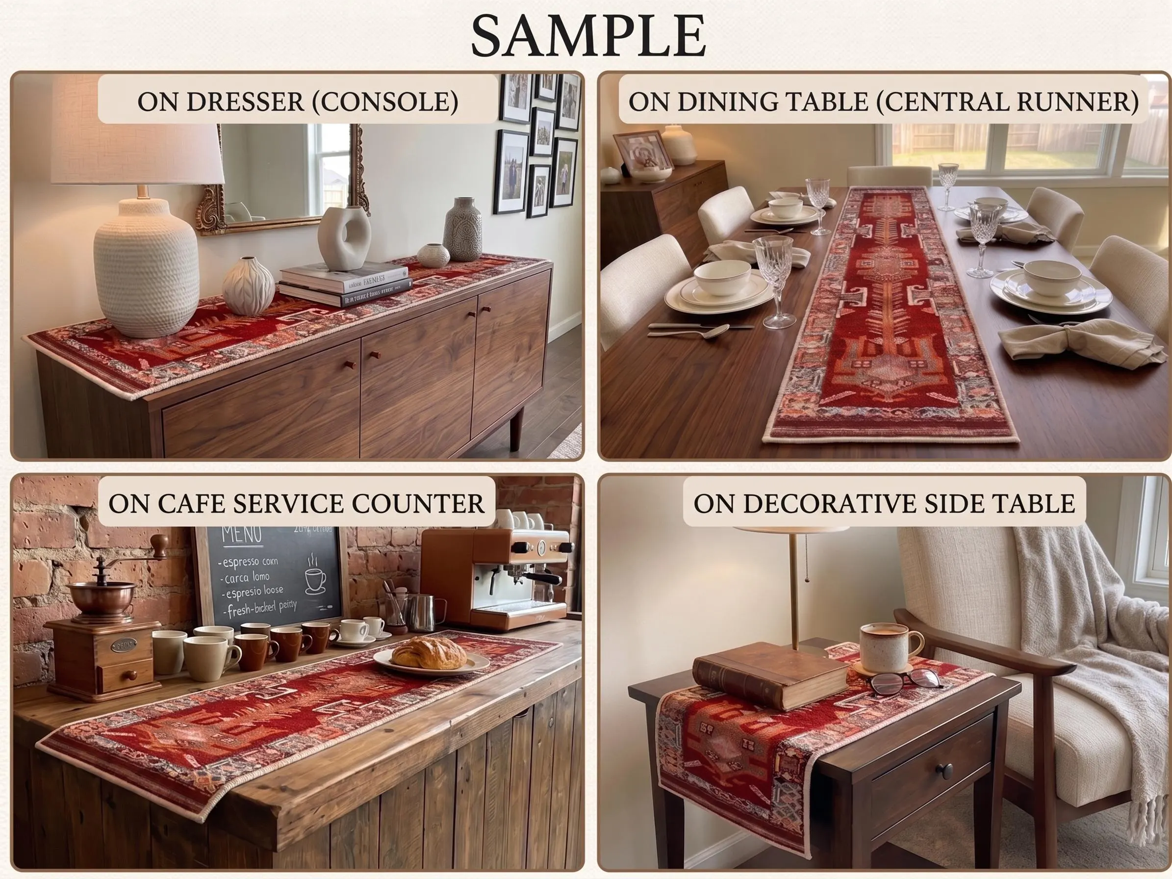 The image is a collage of four photographs depicting different settings with a red and white rug, including a dining table, a cafe service counter, a side table, and a dining table.