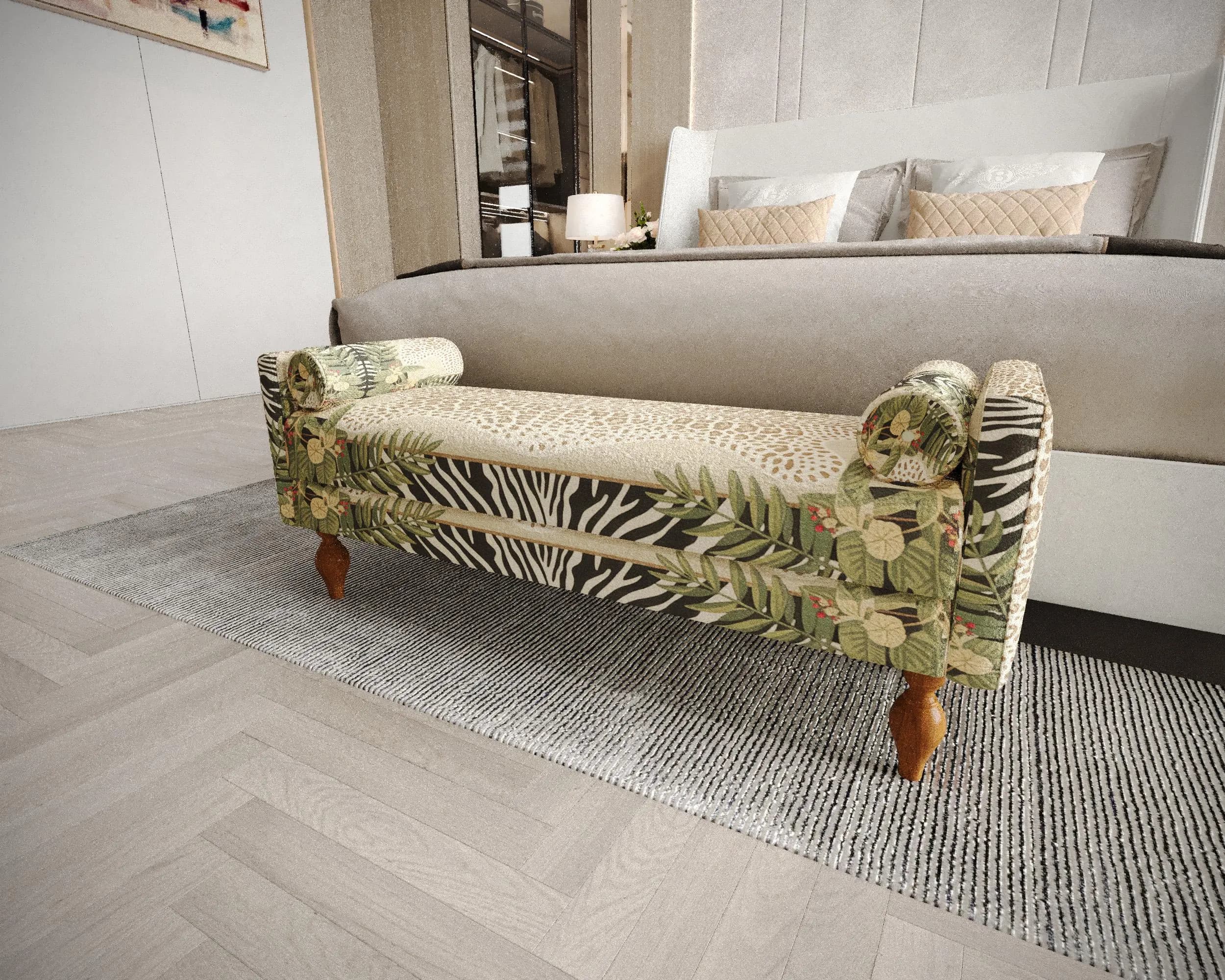 Green Leaf Zebra Loveseat | Hallway Waiting Chair | Wild Decor Mini Couch