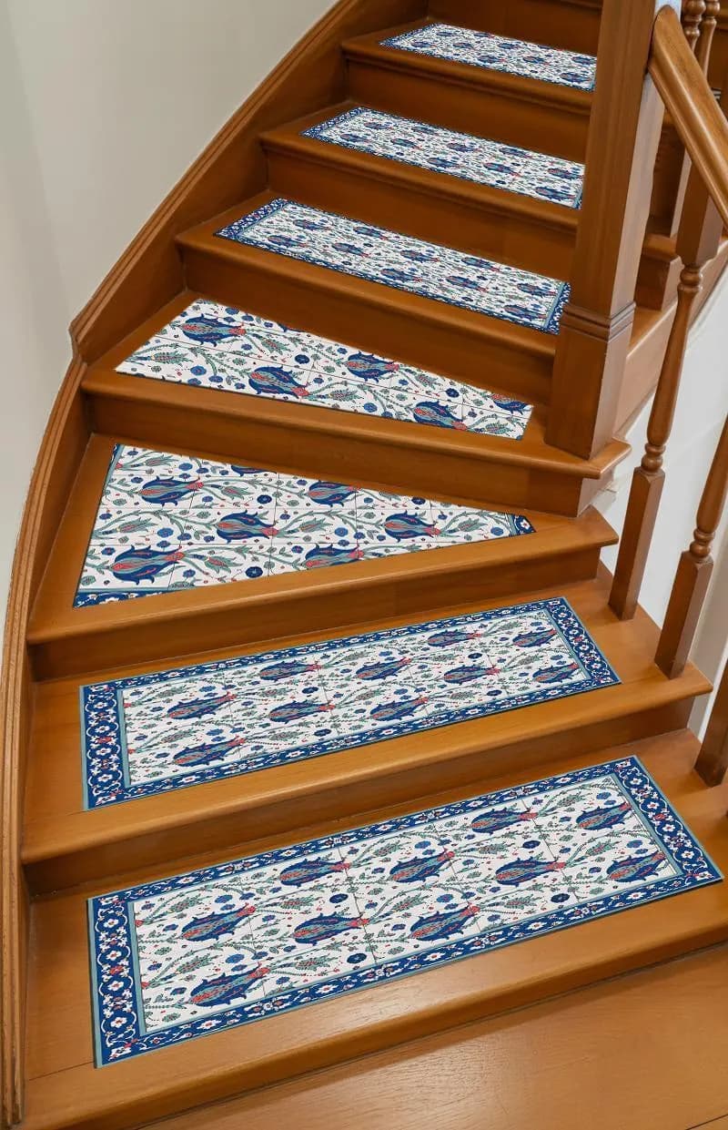 Coastal stair runner with ocean blue steps. Beach inspired landing carpet brings relaxed charm to hallway floor covers.