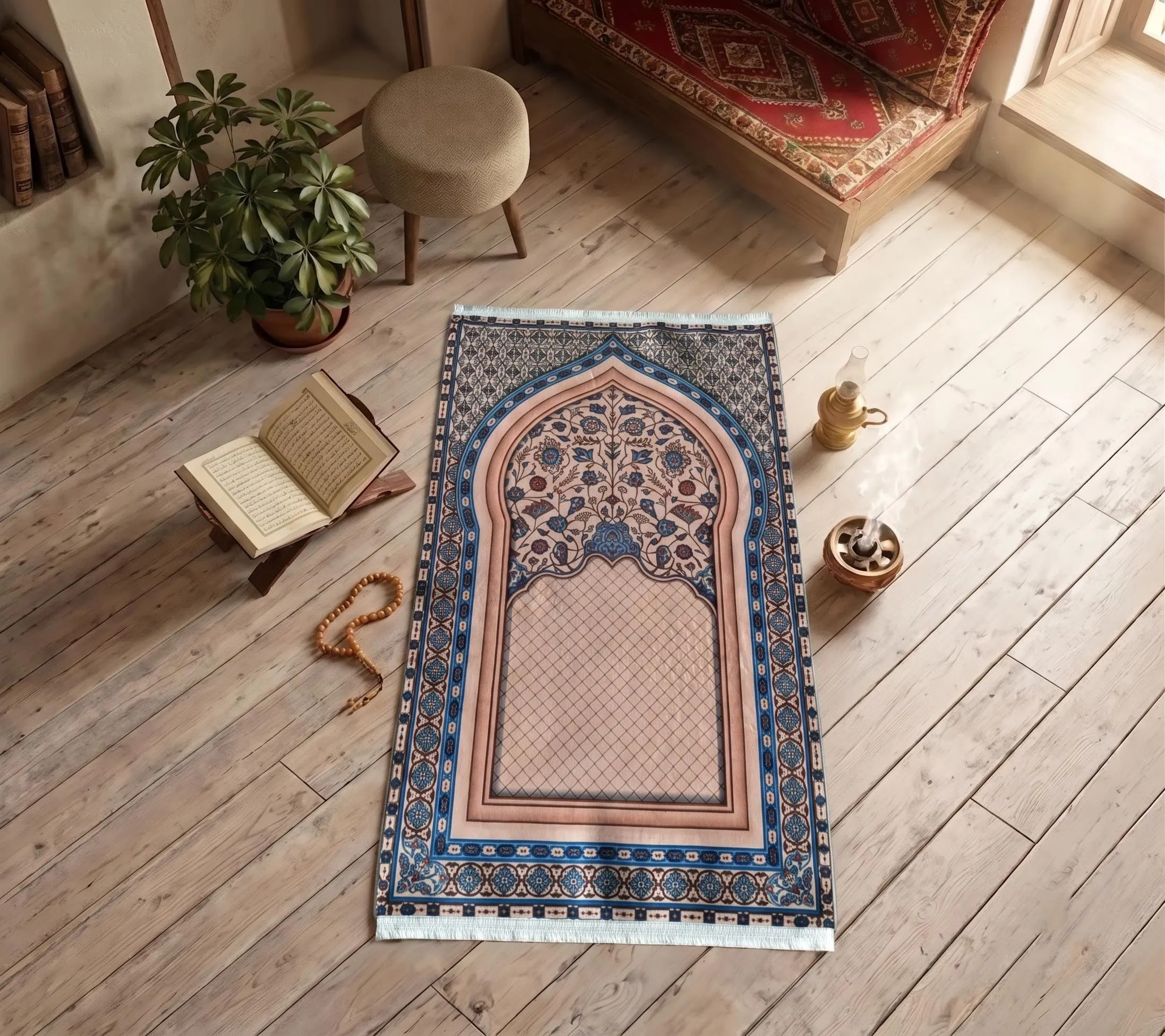 Classic Ottoman Prayer Rug, Boho Islamic Mat for Home, Washable Thick Velvet Muslim Mat, Portable Non-Slip Sujood Mat