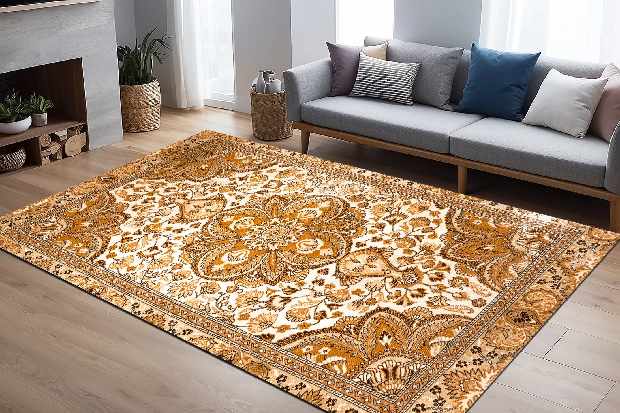 Oriental rug, Orange rug for living room, Pastoral rug, Bohemian area rug, Pastel color rug, Coastal rug, Any size area rug, Printed rug,