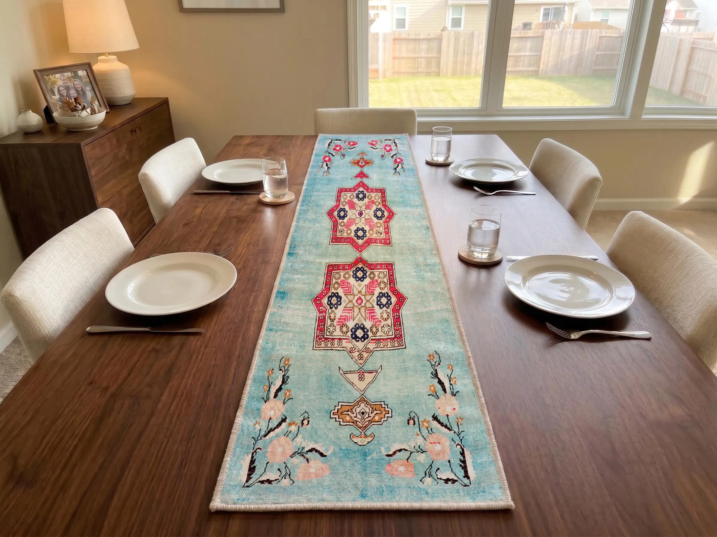 Turquoise Floral Table Runner | Kitchen Island Display | Pink Branch Dresser Scarf