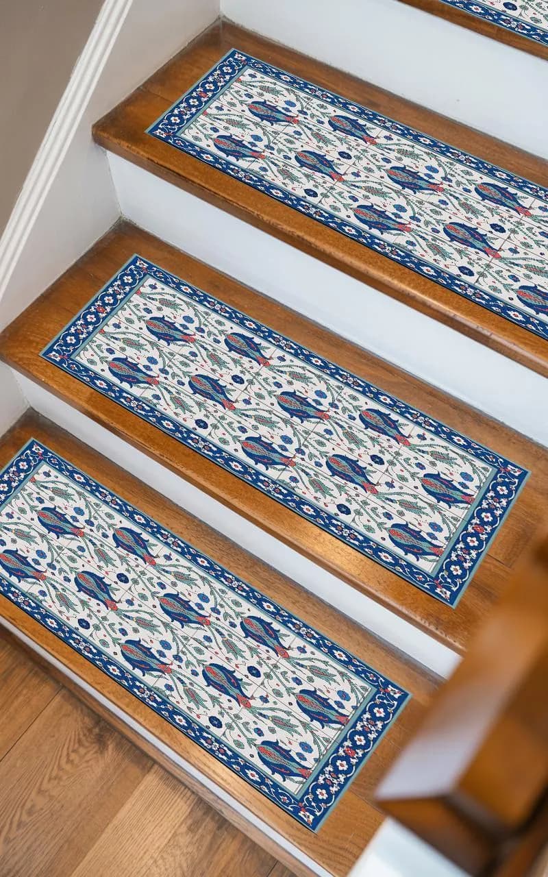 Coastal stair runner with ocean blue steps. Beach inspired landing carpet brings relaxed charm to hallway floor covers.