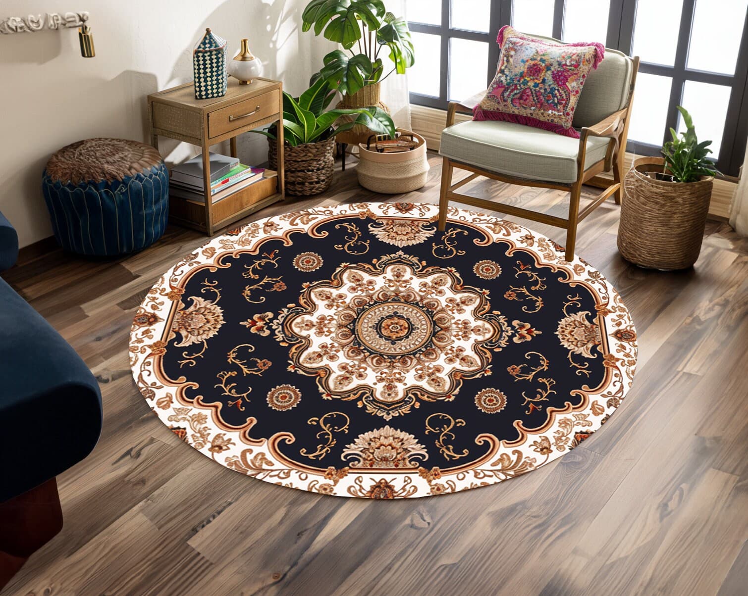 Medallion area rug, Accent round rug, Nonslip circle teppich, Boho decor rug, Under table rug, Farmhouse round rug, Entryway showy rug - image 4