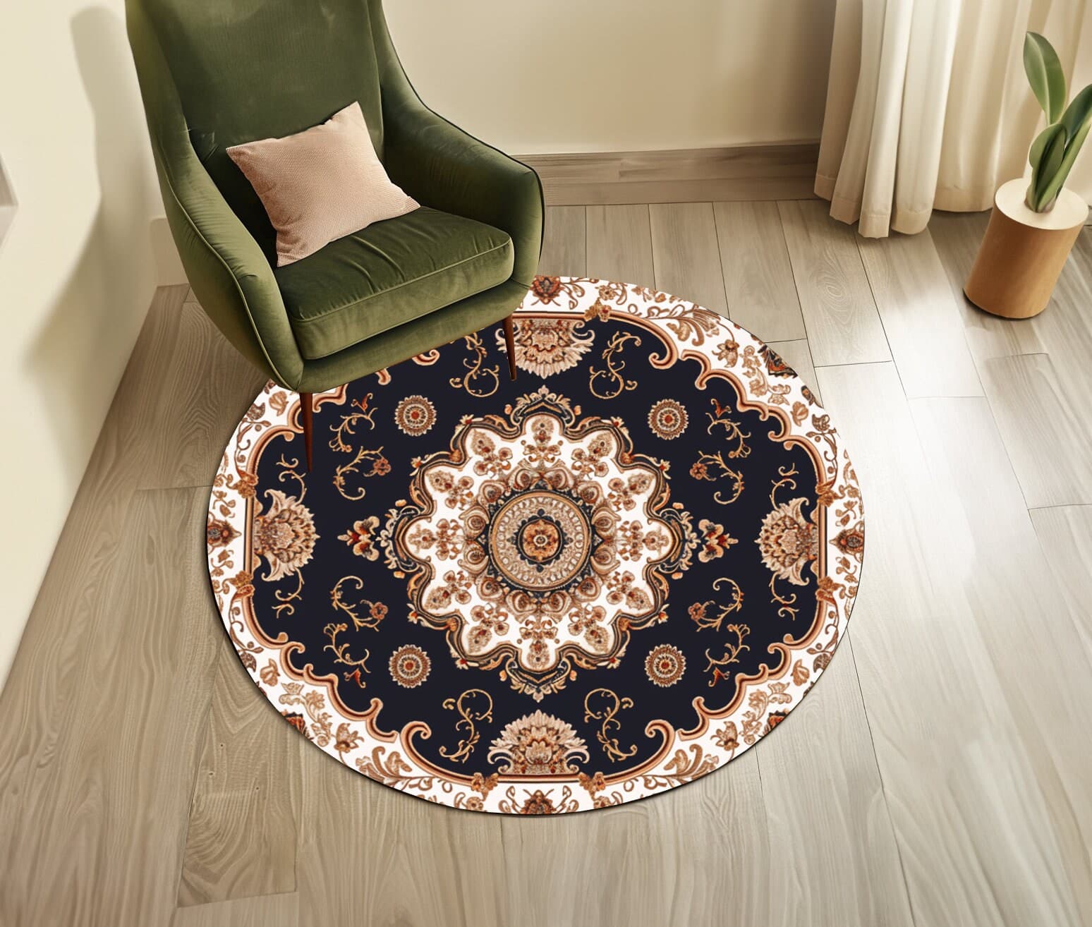 Medallion area rug, Accent round rug, Nonslip circle teppich, Boho decor rug, Under table rug, Farmhouse round rug, Entryway showy rug