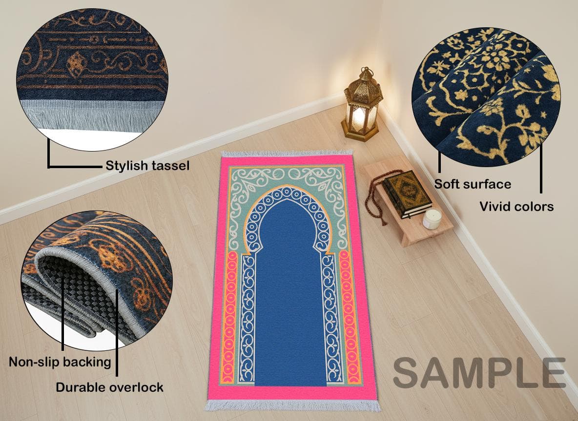 This colorful mihrap design prayer rug features an elegant and sustainable sajadah made with soft-touch materials that provide comfort during daily prayers. Its detailed islamic decor pattern adds a refined and spiritual atmosphere to any space, offering both durability and non-slip stability for everyday use.