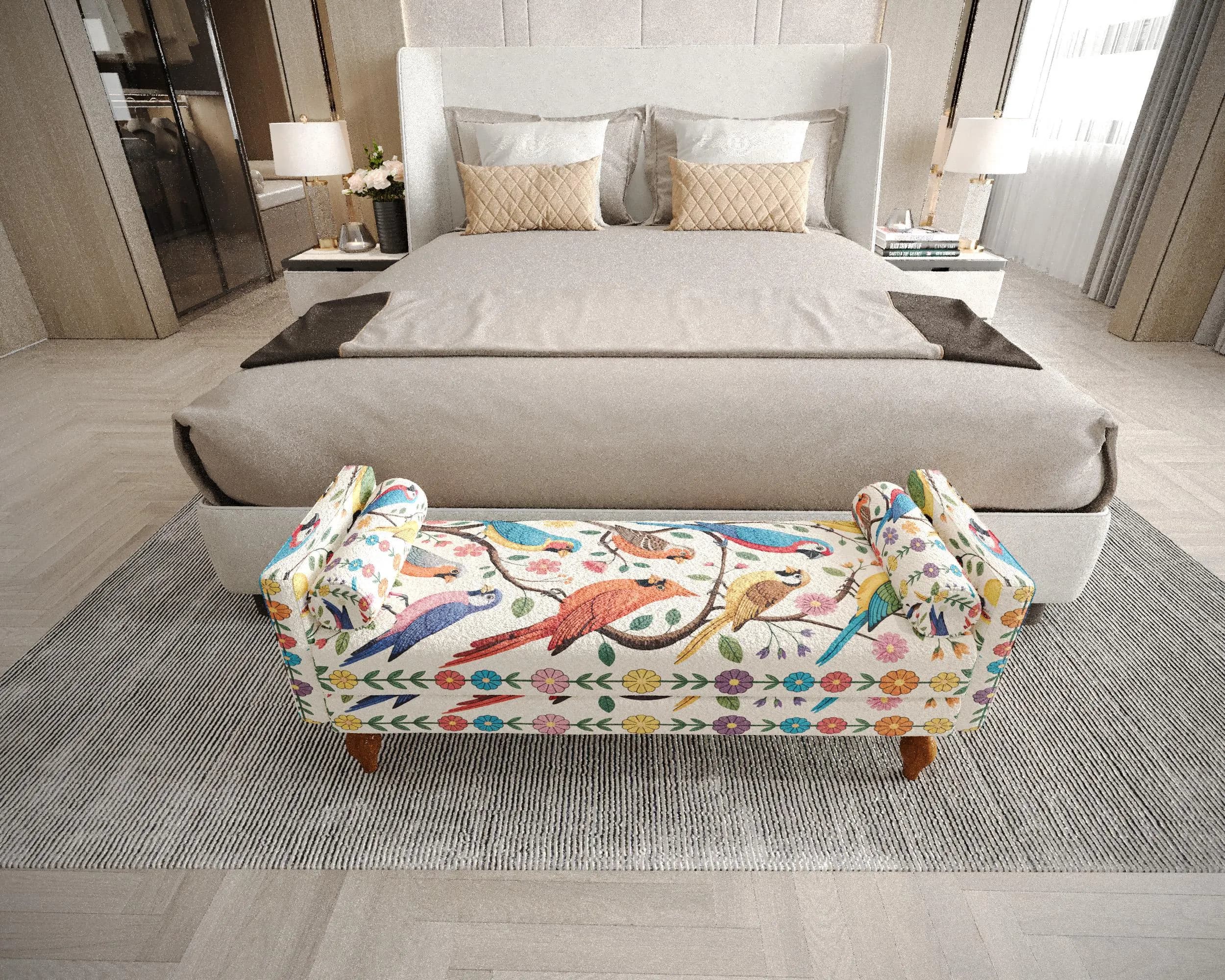 a well-furnished bedroom with a large bed, a colorful bench, and a rug on the floor.