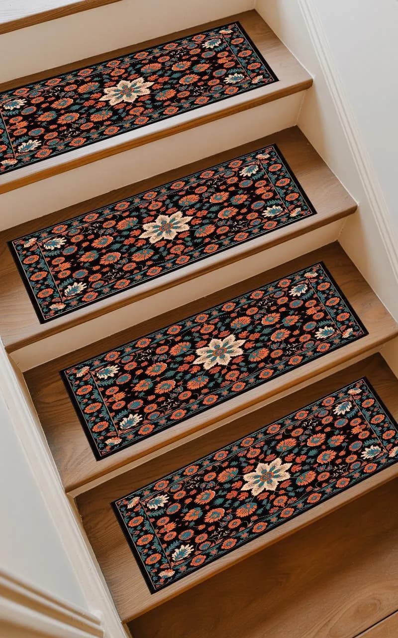 Dark Floral Motif Stair Tread | Washable Wood Savers | Moody Eclectic Step Rug