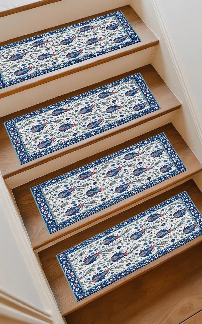White Blue Floral Print Stair Mat | Slip Resistant Base | Mediterranean Vibe Step Cover