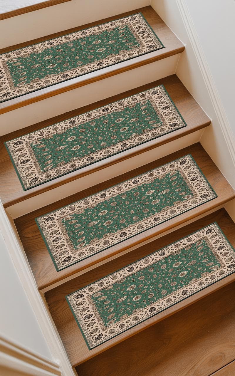 Forest Green Medallion Stair Rug | Heavy Duty Traction | Classic Decor Step Mat
