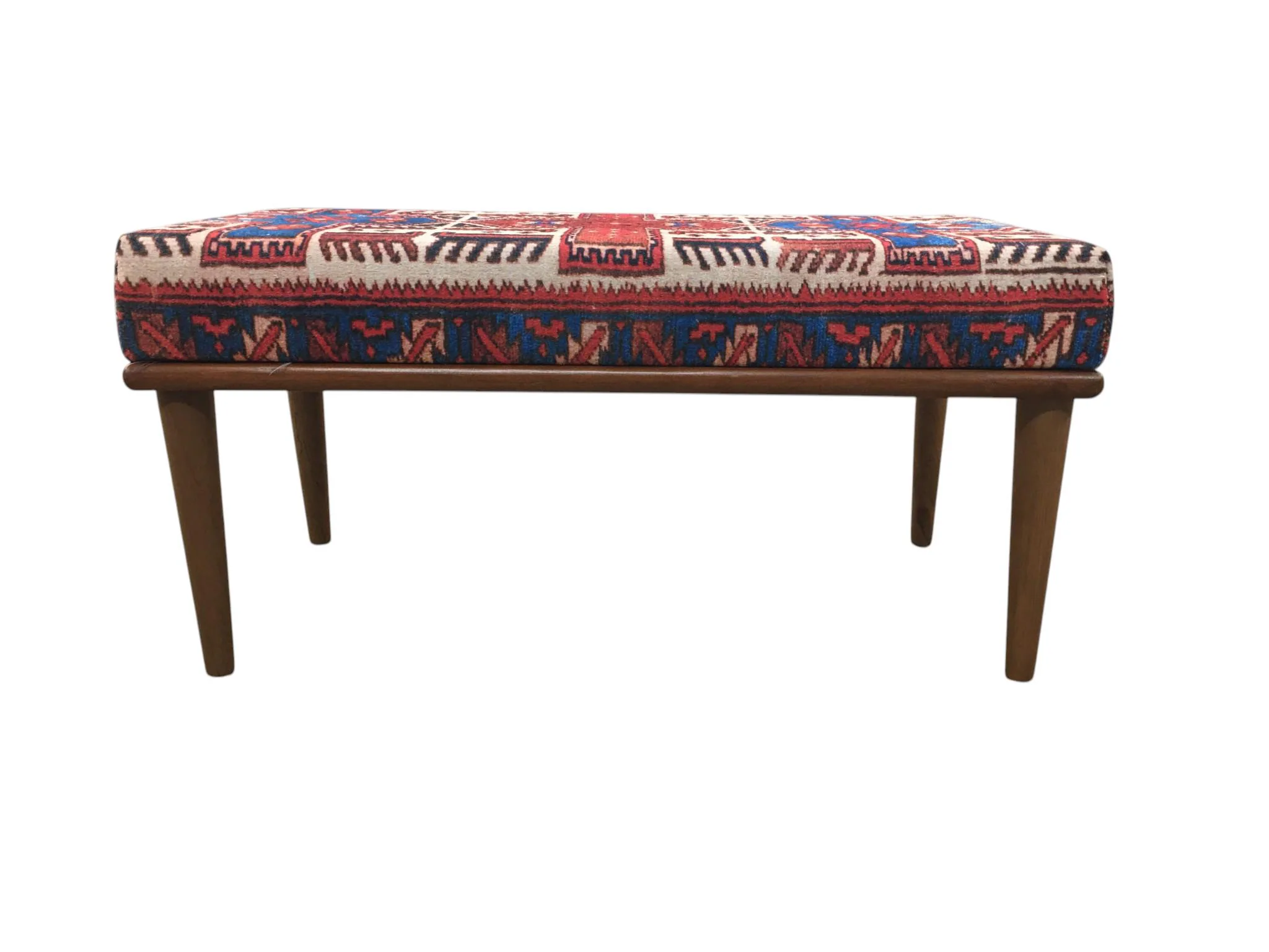Red Blue Kilim Bench | Caucasian Upholstered Entryway Seat | Boho Mudroom Decor