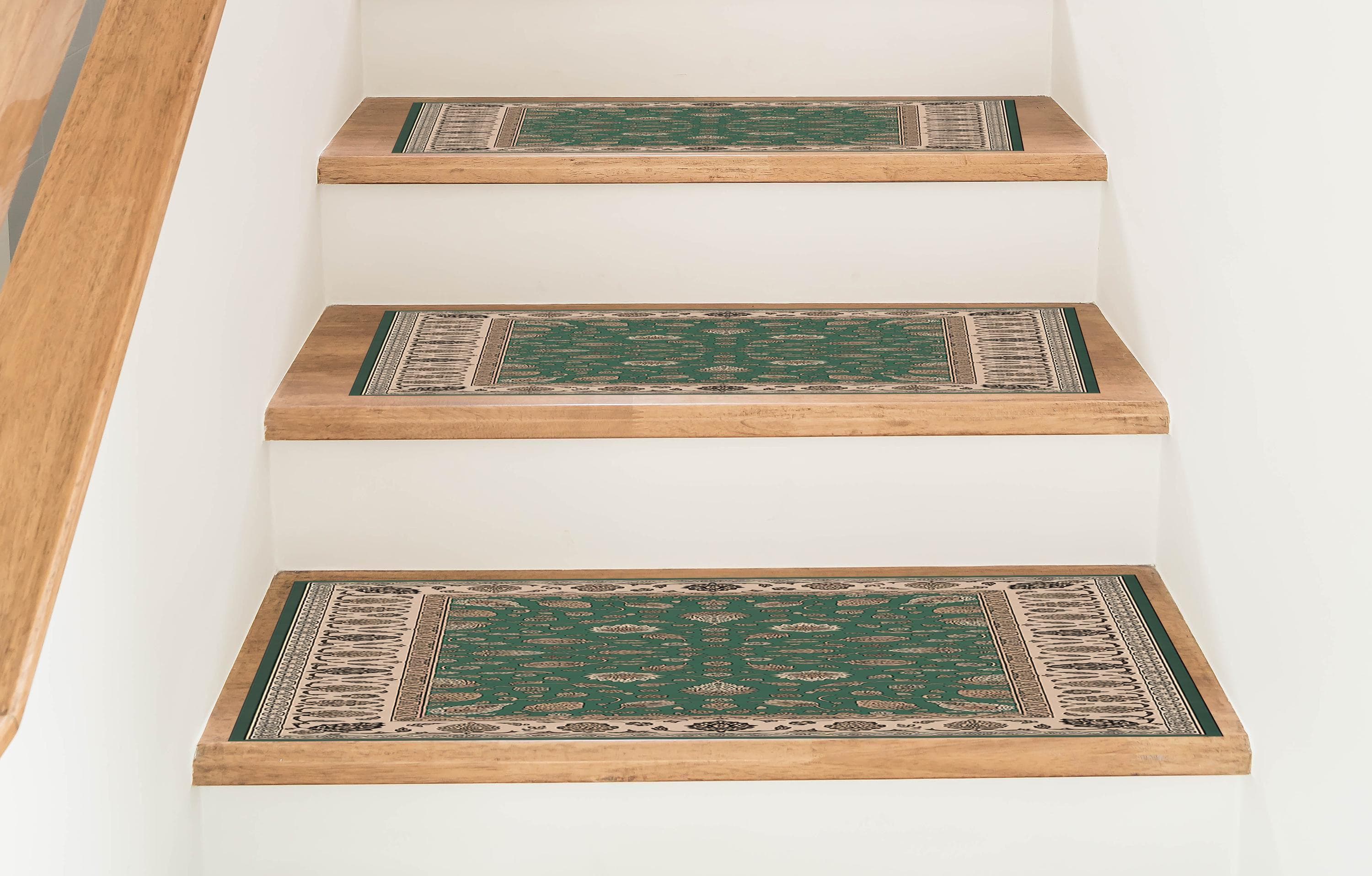 Decorative stair print rug with ethnic step layer design. Artistic tread carpet serves as vibrant stair runner and heritage inspired floor cover, perfect for steps.