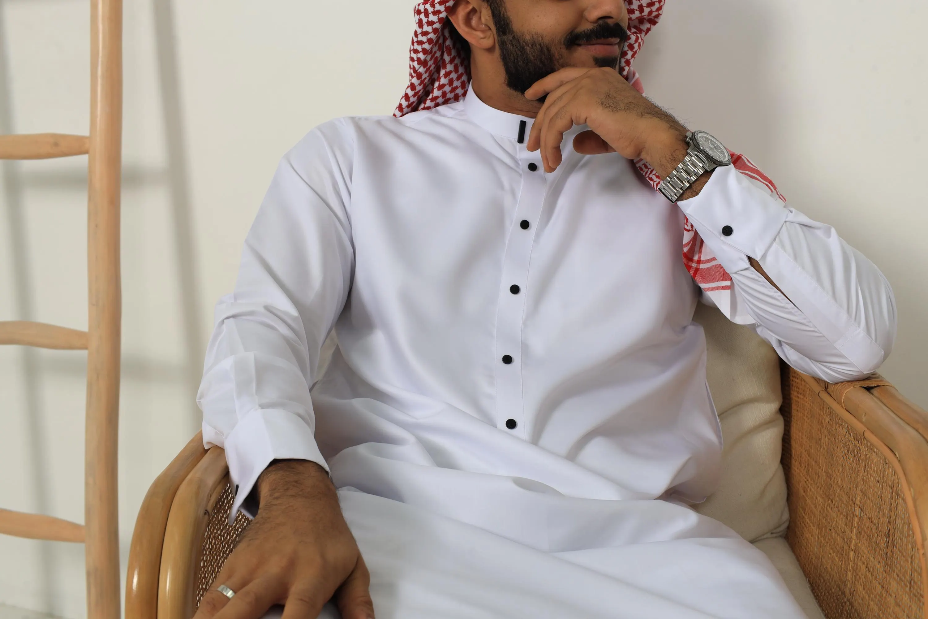 White Collar Thobe with Black Buttons, Japanese Cotton Mens Jubba, Eid Nikah
