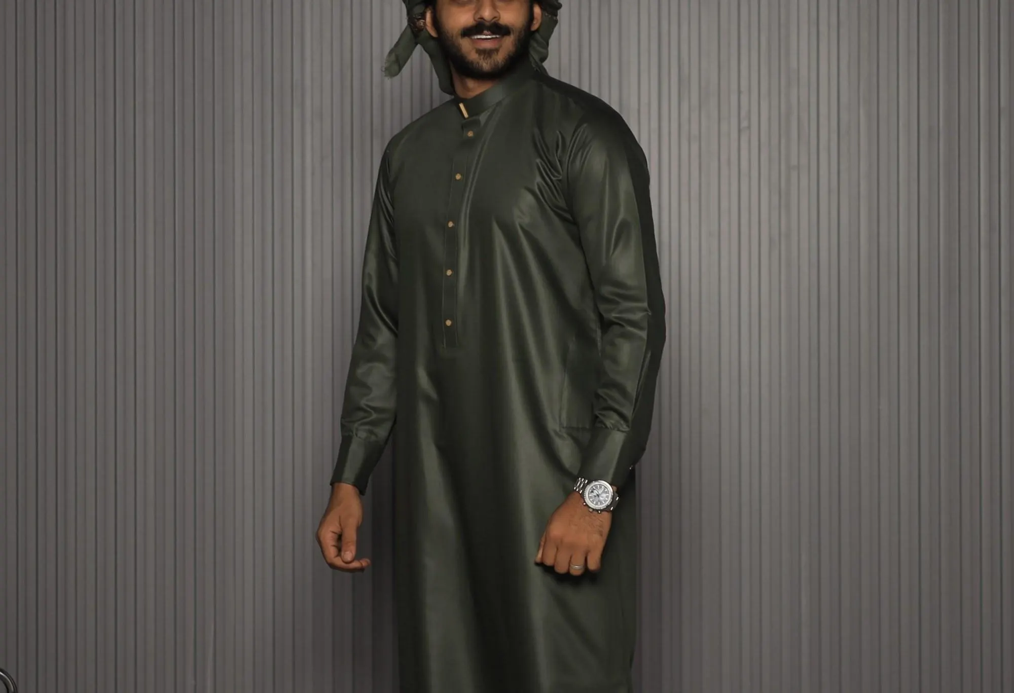 Midnight Green Collar Thobe with Gold Buttons, Japanese Cotton Mens Jubba, Eid Nikah - image 5