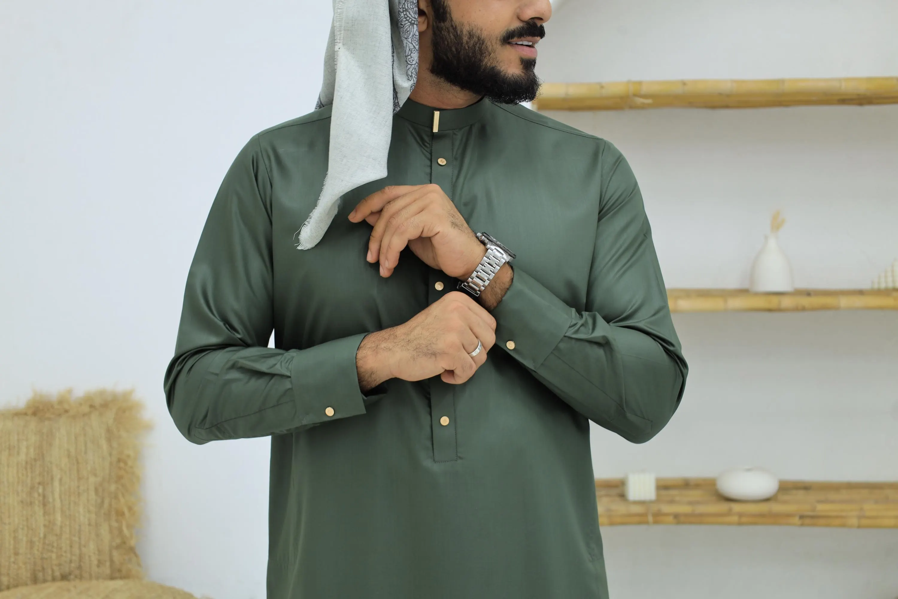 Midnight green collar thobe with gold buttons